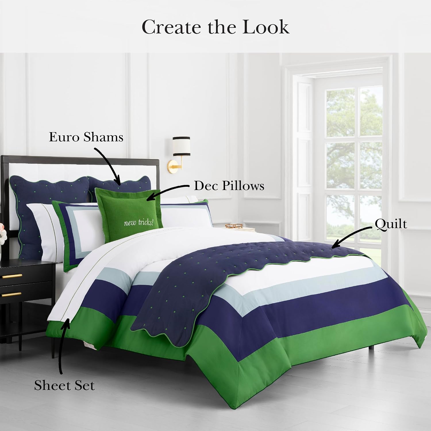 kate spade new york Color Block Full/Queen Comforter Set, 300 Thread Count and 100% Cotton Cover, All Season 3 Piece Reversible Bedding Set, Machine Washable, Navy, Green and White