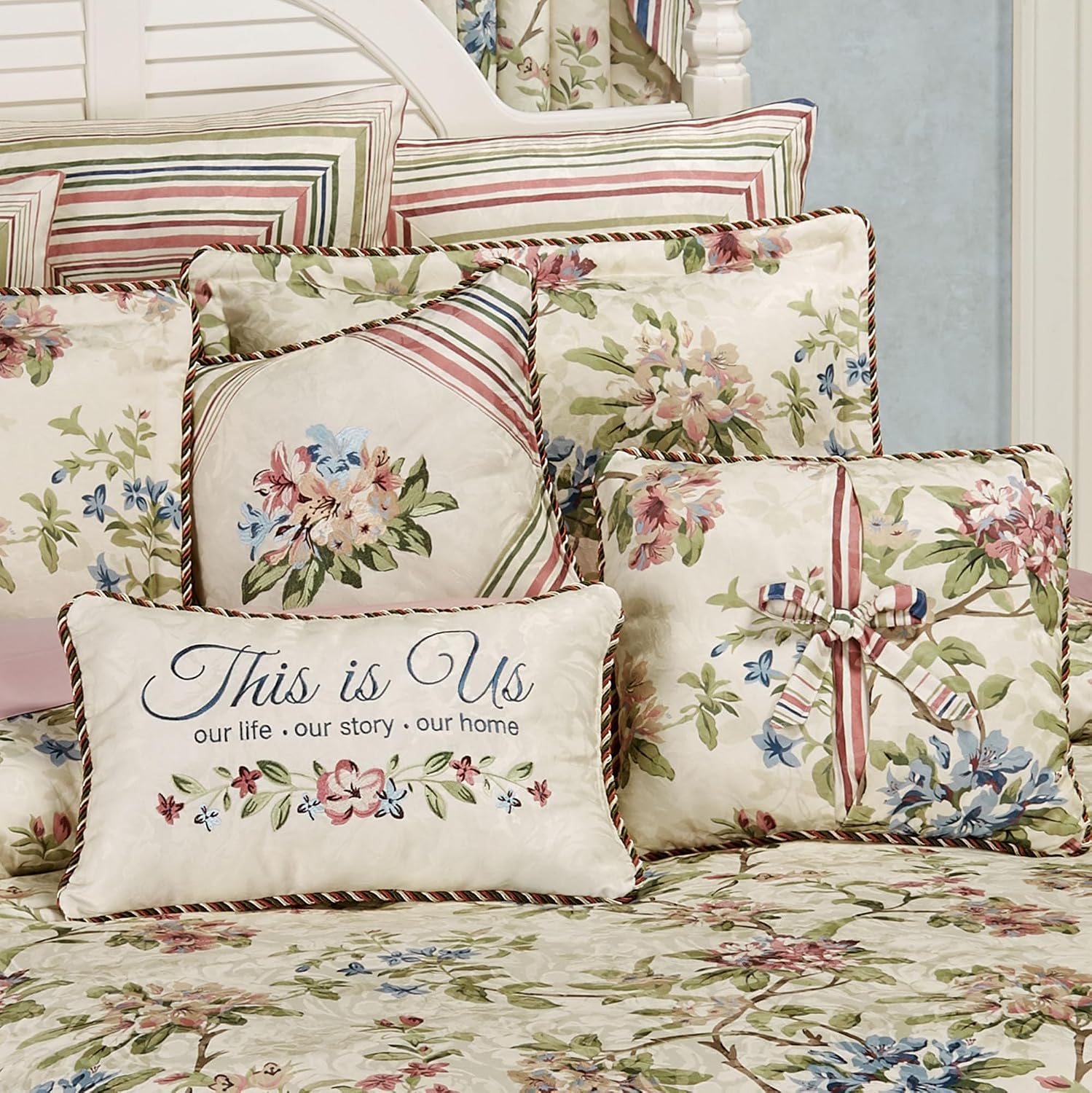 Chatsworth Cottage Country Polyester Jacquard Woven Bedding | Classic Traditional Flower Stripe Floral | Cream Ivory Rose Sage Blue Latte | 7 Pc Set Cal King Comforter, Bedskirt, 2 Shams, 3 Pillows