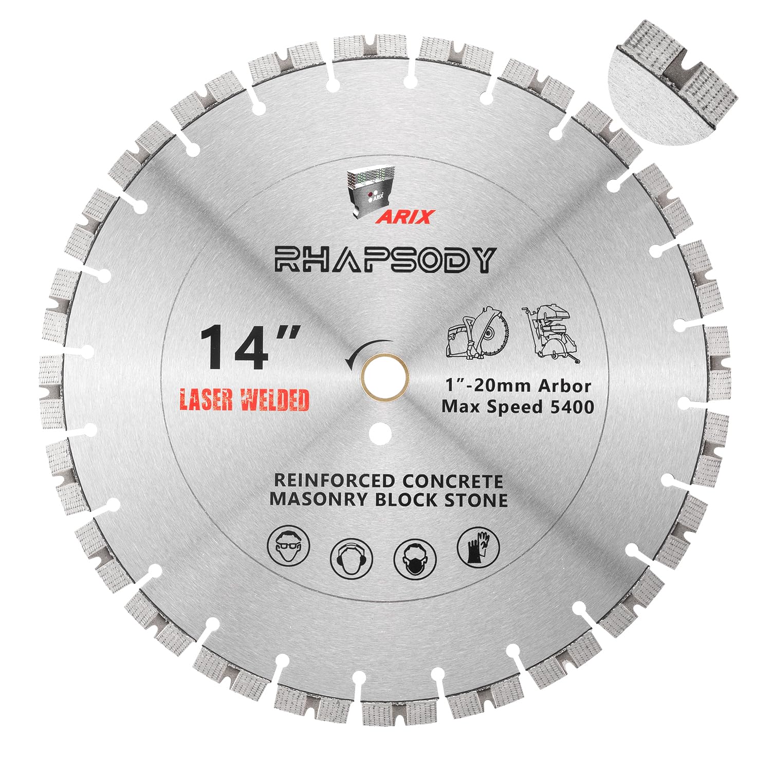 RHAPSODY 14 Inch Laser Welded ARIX Diamond Saw Blade, Diamond Arrangement Segment Blade General Purpose Dry/Wet Cutting Concrete, Reinforced Concrete, Asphalt, Masonry, Brick, Block,1'-20mm Arbor