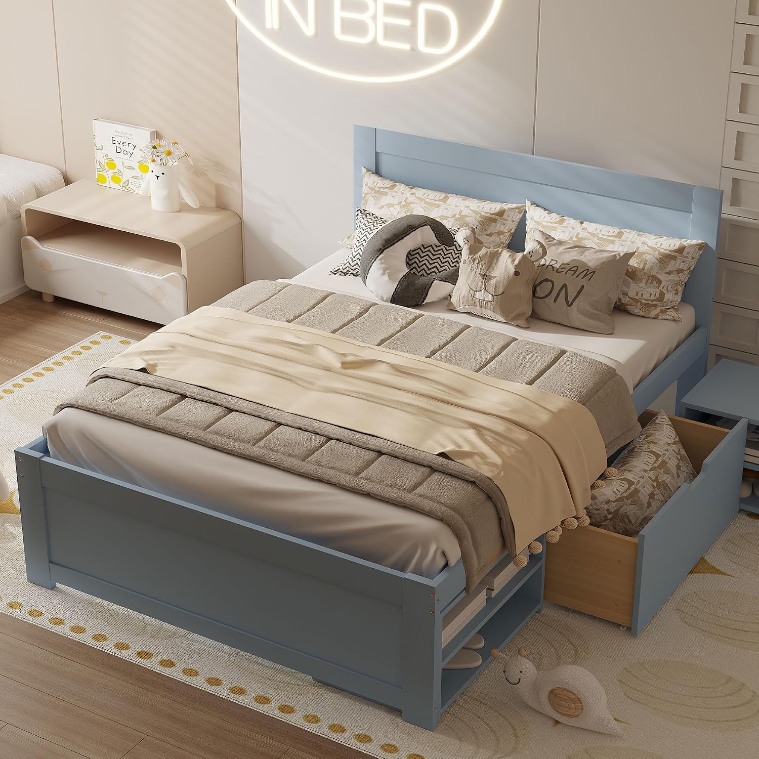 Wood Full Size Platform Bed with Storage Drawer and Removable Bedside Table, Modern Captain's Bed Frame with Shelves, Sturdy Slat Support, No Box Spring Required (Gray-9.29)