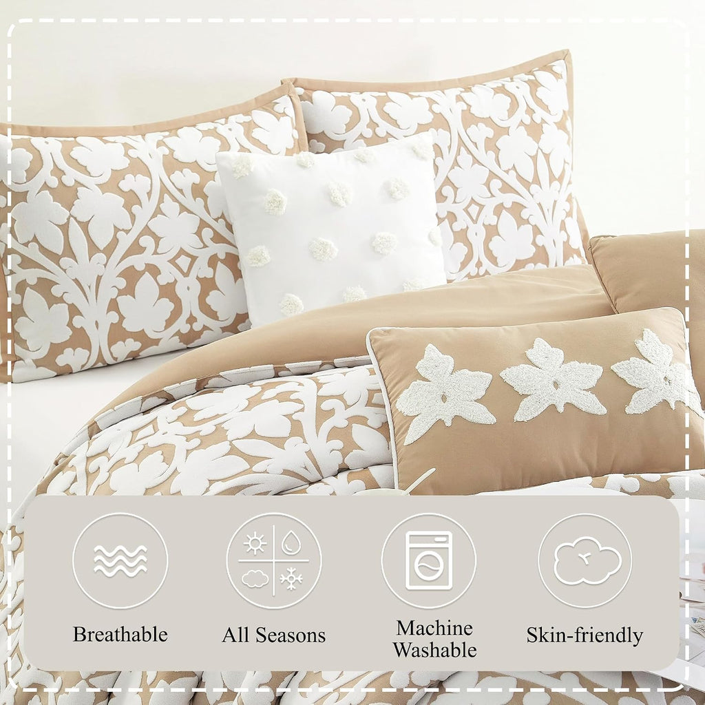 Stratford Park Floral Leaves Comforter Set, Khaki King Size Bedding, 7 Piece Jacquard Bedding Set, All Season, Matching Pillows, Shams, Bed Skirt