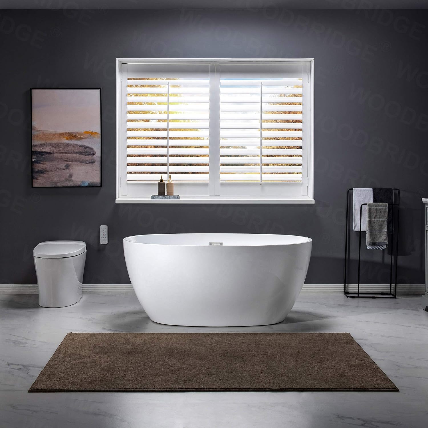 WOODBRIDGE 55' Acrylic Freestanding Bathtub Contemporary Soaking White Tub with Chrome Overflow and Drain，B1418 -C-Drain &O