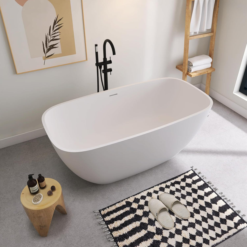 SJ STAR&JANE Solid Surface Freestanding Bathtub, 59' Stone Resin Oval Soaking Tub with Overflow & Pop-up Drain, Modern Stand Alone Tub in Matte White Finish for Bathrooms