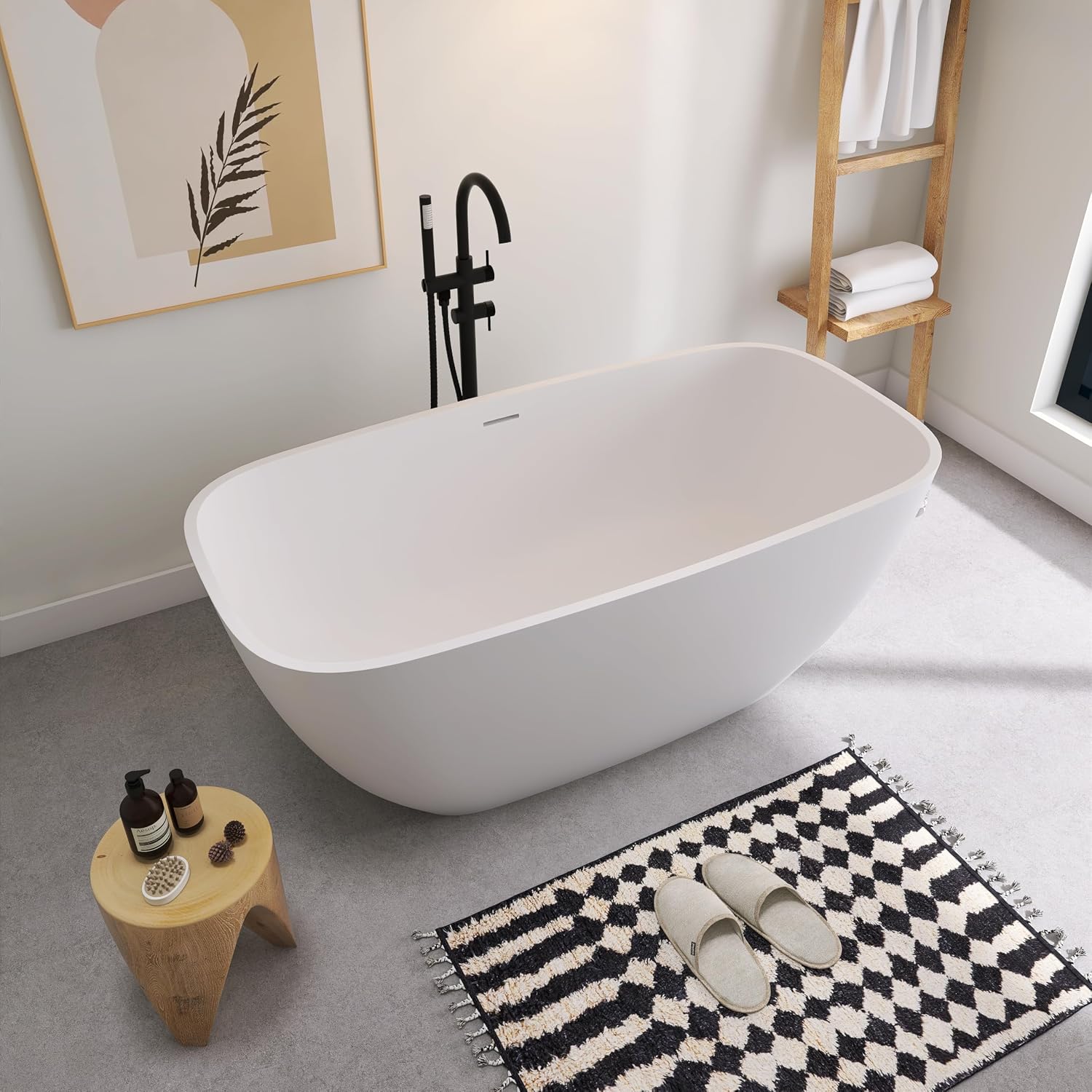 SJ STAR&JANE Solid Surface Freestanding Bathtub, 59' Stone Resin Oval Soaking Tub with Overflow & Pop-up Drain, Modern Stand Alone Tub in Matte White Finish for Bathrooms