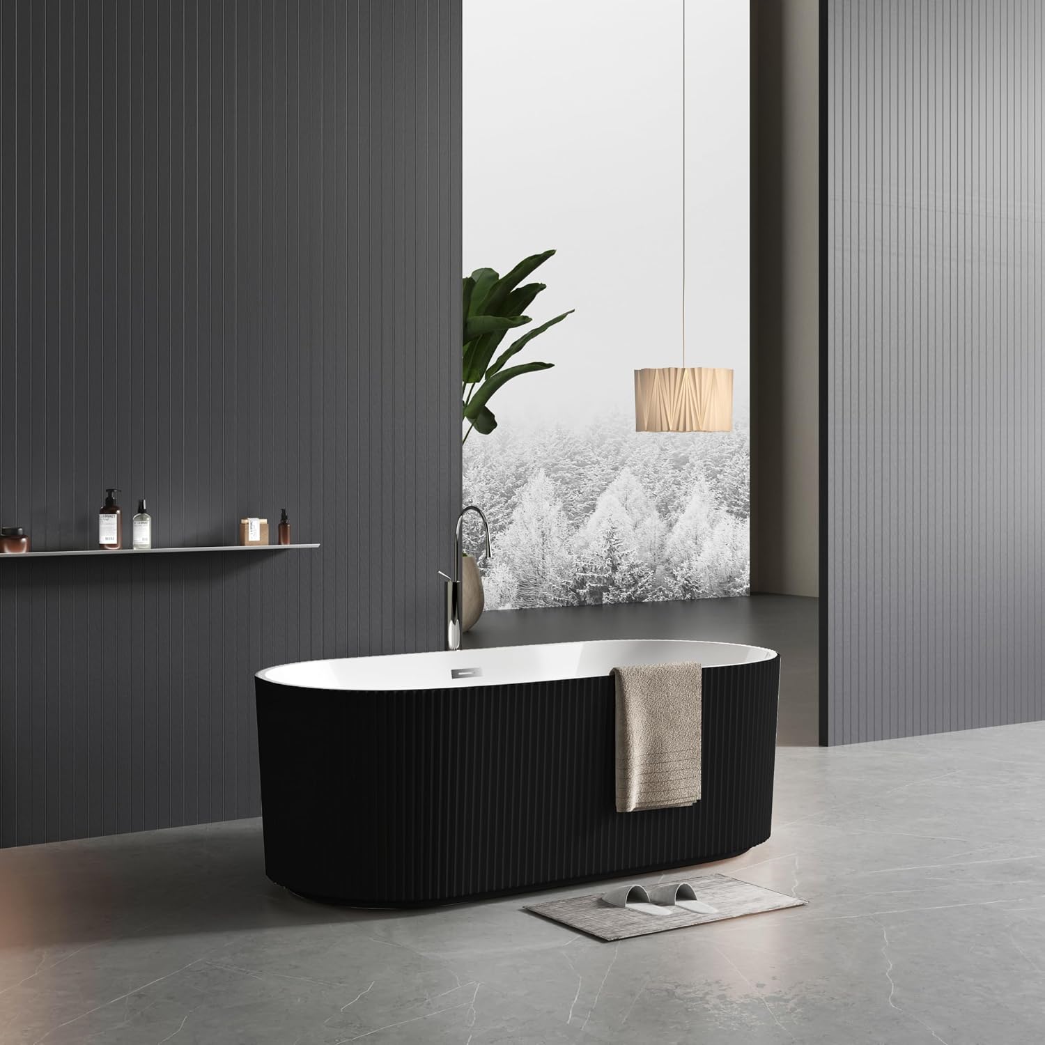 67 inch Freestanding Bathtub for Main Bathroom – Black & White Acrylic Free Standing Tub with Chrome Drain, Extra-Deep Soaking Tub for Luxurious Bathing Experience