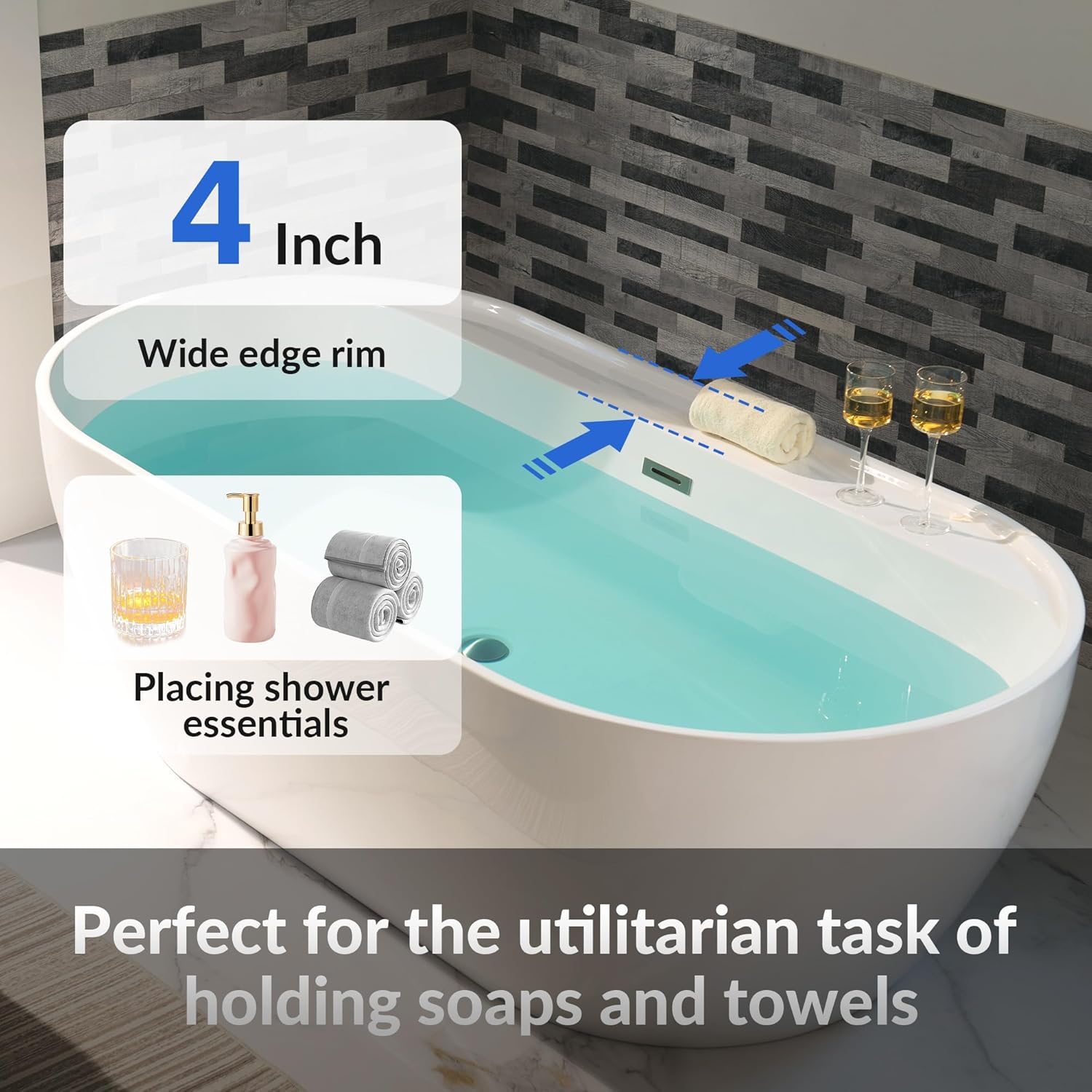 WOODBRIDGE 72' Acrylic Freestanding Bathtub Contemporary Soaking White Tub with Brushed Nickel Overflow and Drain,B0059BN