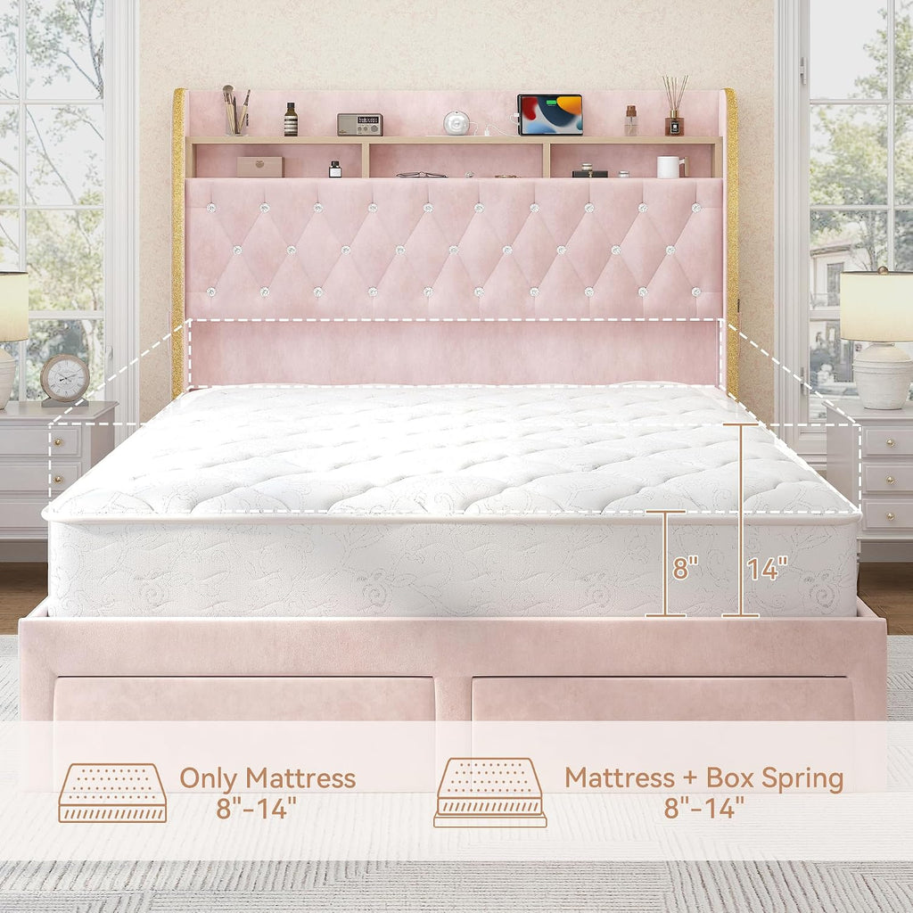 Torana Full LED Bed Frame with 2 Drawers, 53' Tall Platform Beds with Galaxy Star Projector Charging Station, Velvet Upholstered Diamond Tufted Aurora Bedframe with Storage Headboard, Pink