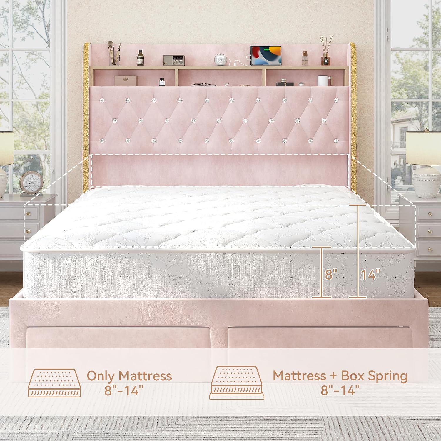 Torana Full LED Bed Frame with 2 Drawers, 53' Tall Platform Beds with Galaxy Star Projector Charging Station, Velvet Upholstered Diamond Tufted Aurora Bedframe with Storage Headboard, Pink