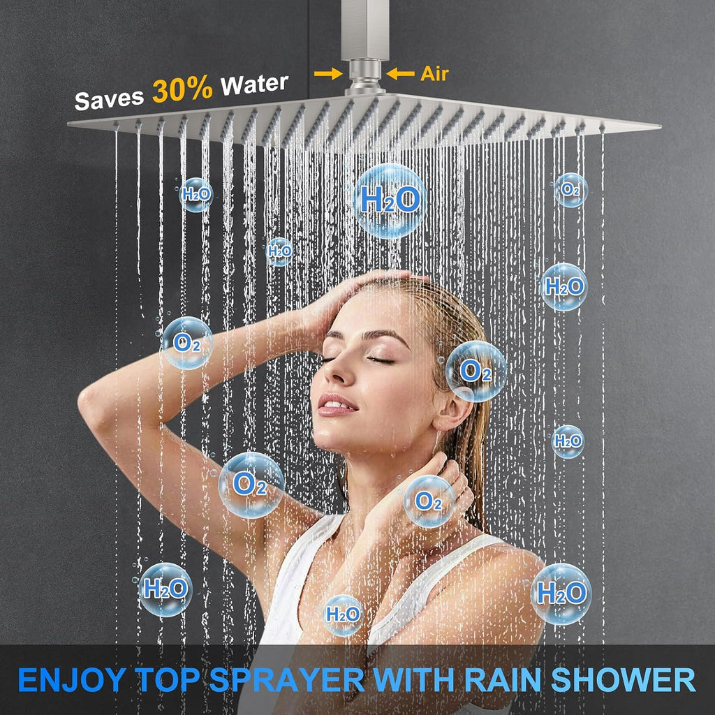 Shower Faucet Set, 12' Ceiling Mount Rainfall Shower System with 2 Rain Shower Head and Multi-function Handheld Head Push Button Diverter Shower Faucet Trim Kit (12', Brushed Nickel)