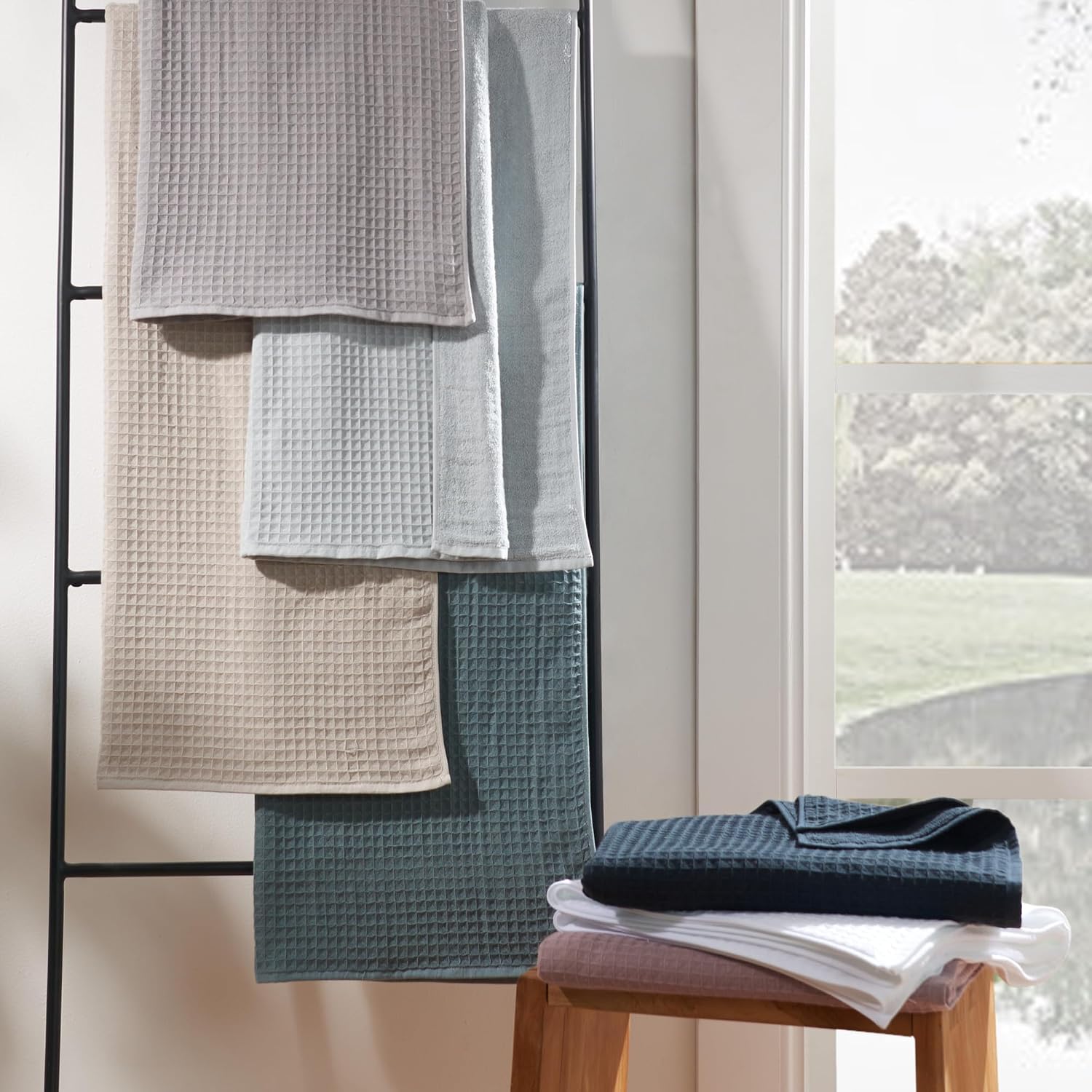UCHINO Waffle Twist Cotton Weave Towel Set for Bathroom – 2 Bath, 2 Hand, 2 Washcloths, Lightweight Absorbent Quick Dry Honeycomb Texture Solid Terry Loop Reverse, 6 Piece, Ocean