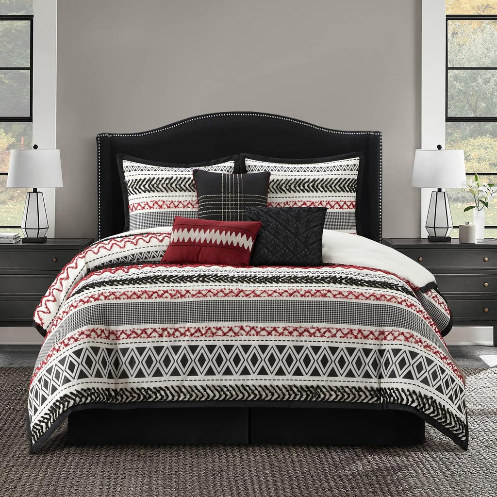 Grand Avenue Black Red Comforter Set Queen Size, 7 Piece Jaquard and Clip Soft Bedding Set, All Season, Matching Shams, Bedskirt, Decorative Pillows