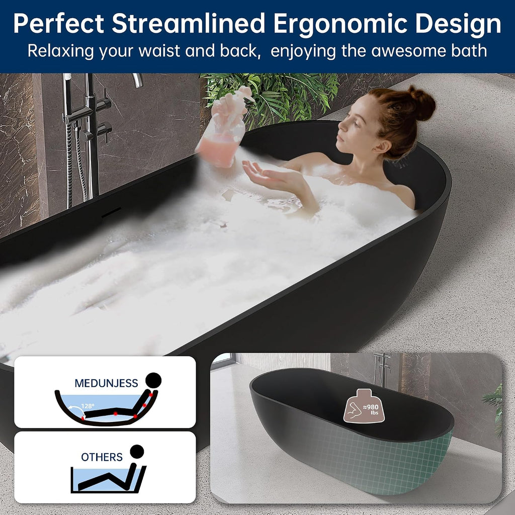 69' Stone Resin Freestanding Bathtub, Oval Solid Surface Bathroom Freestanding Tub, Thin Edge Stand Alone Tub with Integrated Slotted Overflow and Pop-up Drain, Matte Black AFS307-1750