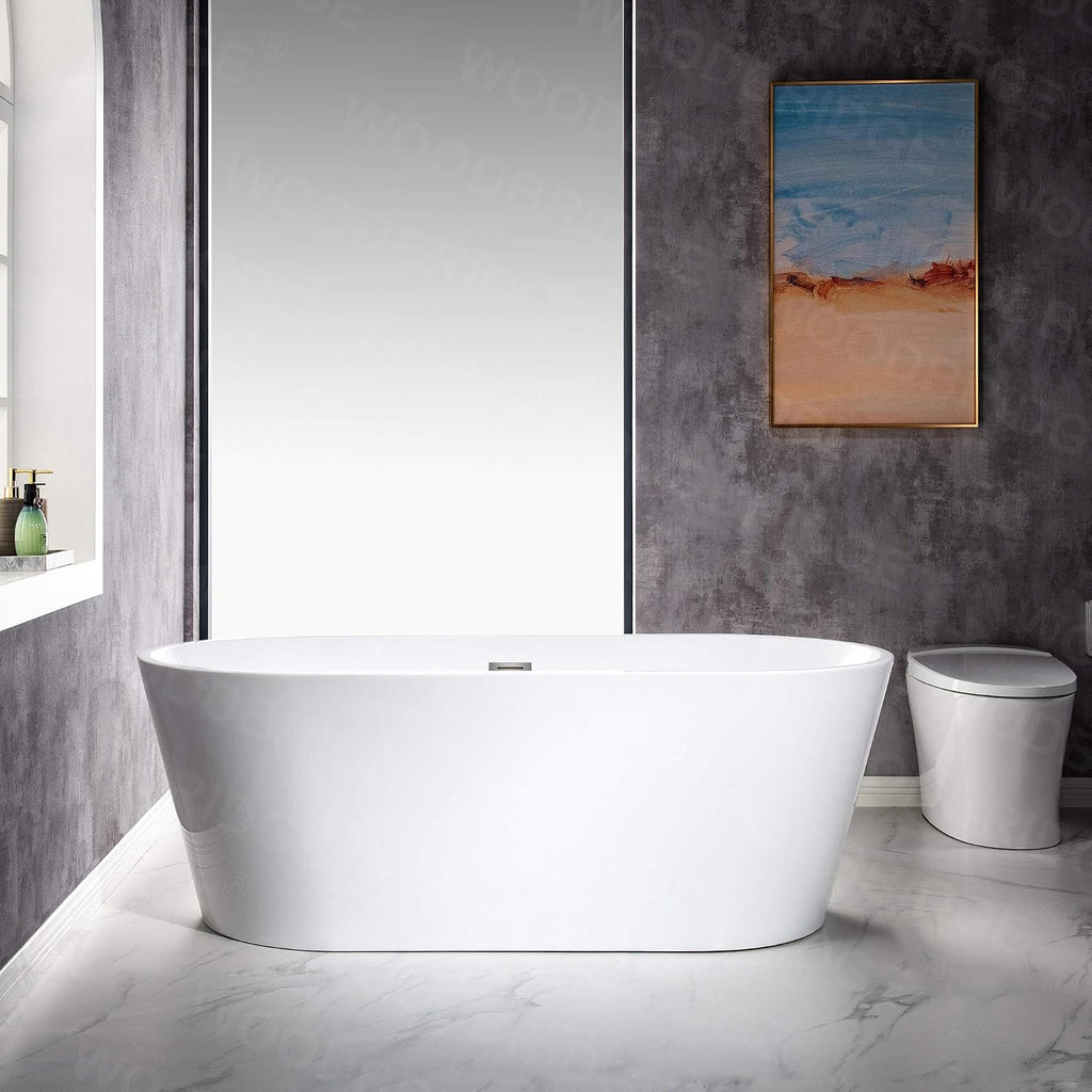 WOODBRIDGE 67' Acrylic Freestanding Bathtub Contemporary Soaking White Tub with Brushed Nickel Overflow and Drain，B0013-BN