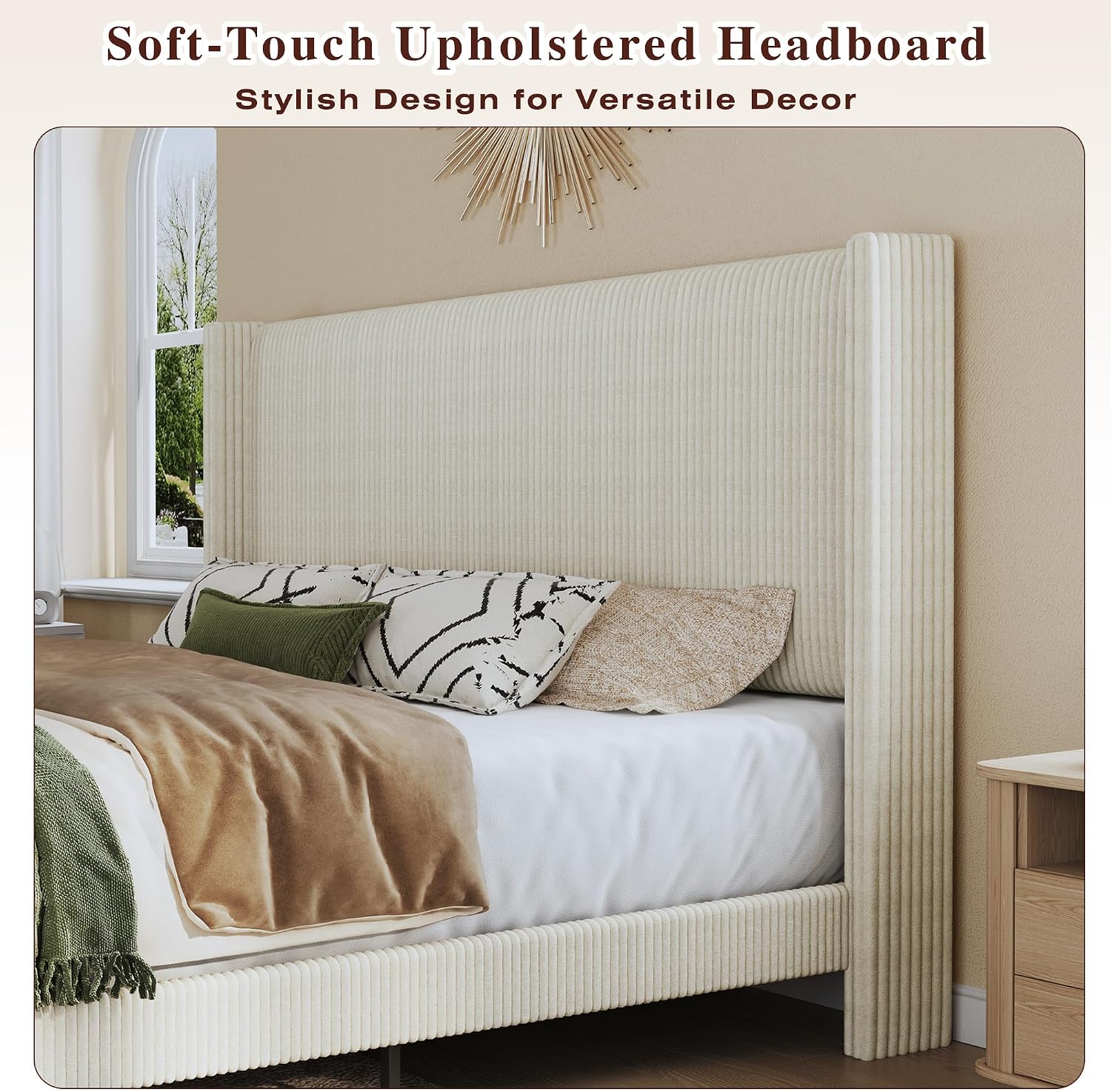 HUAHUU Queen Bed Frame with 51.2' Tall Headboard, Corduroy Upholstered Bed Frame with Wingback, Platform Bed with Wooden Slats Support, Easy Assembly, No Box Spring Needed, Beige