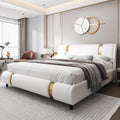 TTVIEW Modern Faux Leather Upholstered Platform Bed Frame with Golden Iron Metal Decor, Adjustable Curved Headboard, Wooden Slats Support, No Box Spring Needed, King Size, White