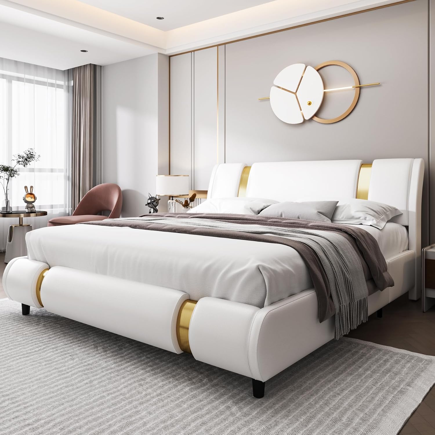 TTVIEW Modern Faux Leather Upholstered Platform Bed Frame with Golden Iron Metal Decor, Adjustable Curved Headboard, Wooden Slats Support, No Box Spring Needed, King Size, White