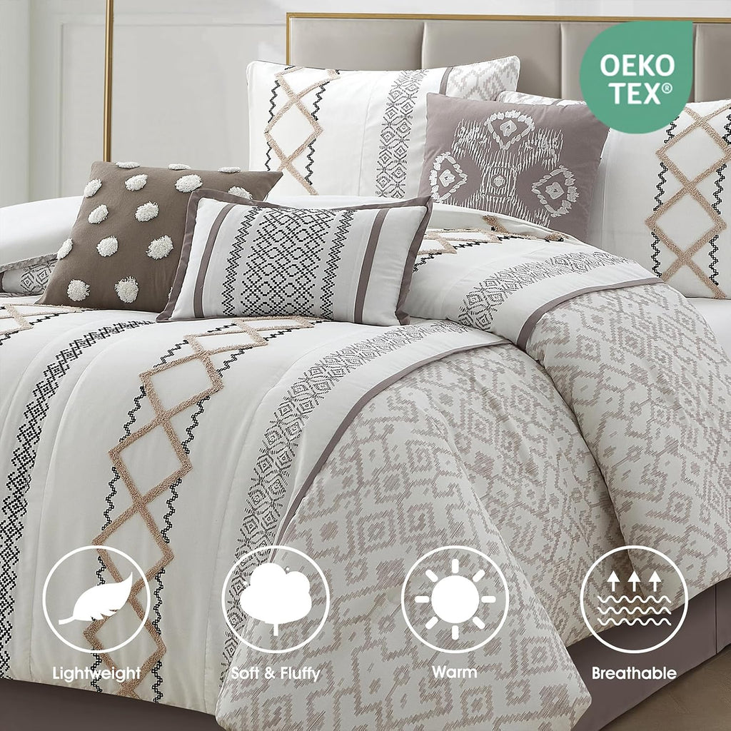 LANCO MODERN LIFESTYLE Taupe Queen Comforter Set, 7 Pieces All Season Bedding Sets in a Bag with Geometric Terry Embroidered Comforter, Bed Skirt, Pillow Shams and Decorative Pillows