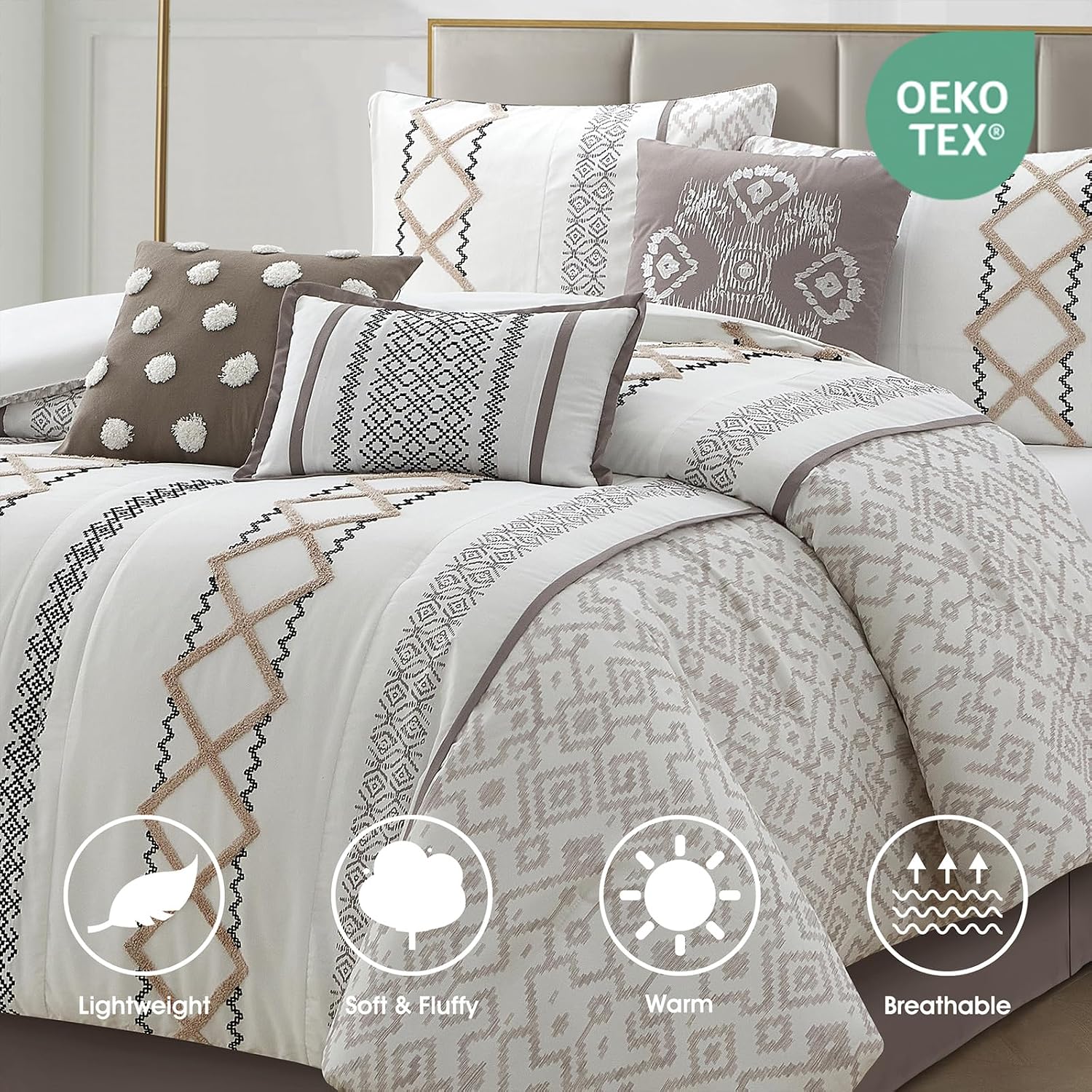 LANCO MODERN LIFESTYLE Taupe California King Comforter Set, 7 Pieces All Season Bedding Sets in a Bag with Geometric Terry Embroidered Comforter, Bed Skirt, Pillow Shams and Decorative Pillows