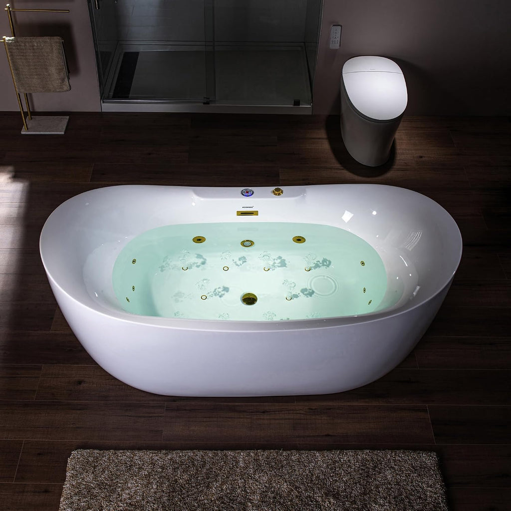 WOODBRIDGE 72' x 35-3/8' Whirlpool and Air Bath Heated Soaking Combination Tub with Adjustable Speed Air Blower and Display Control Panel, Brushed Gold Finish Trim and Drain Kit, BG400