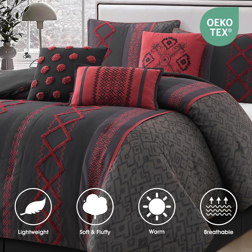 LANCO MODERN LIFESTYLE Black Red Queen Comforter Set, 7 Pieces All Season Bedding Sets in a Bag with Geometric Terry Embroidered Comforter, Bed Skirt, Pillow Shams and Decorative Pillows