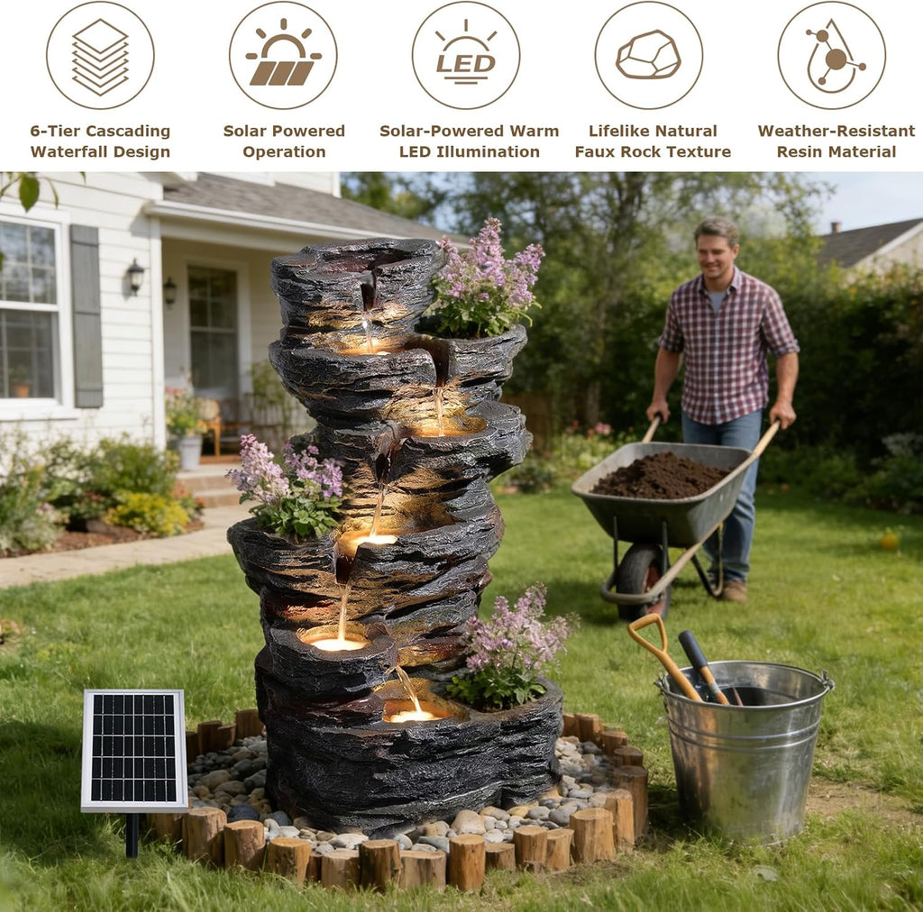 6-Tier Rock Solar Outdoor Water Fountain, 32.7' H Cascading Solar Powered Garden Waterfall Fountains with LED Lights for Patio, Balconies, Lawns, Deck, Porch, Backyard and Home Art Decor