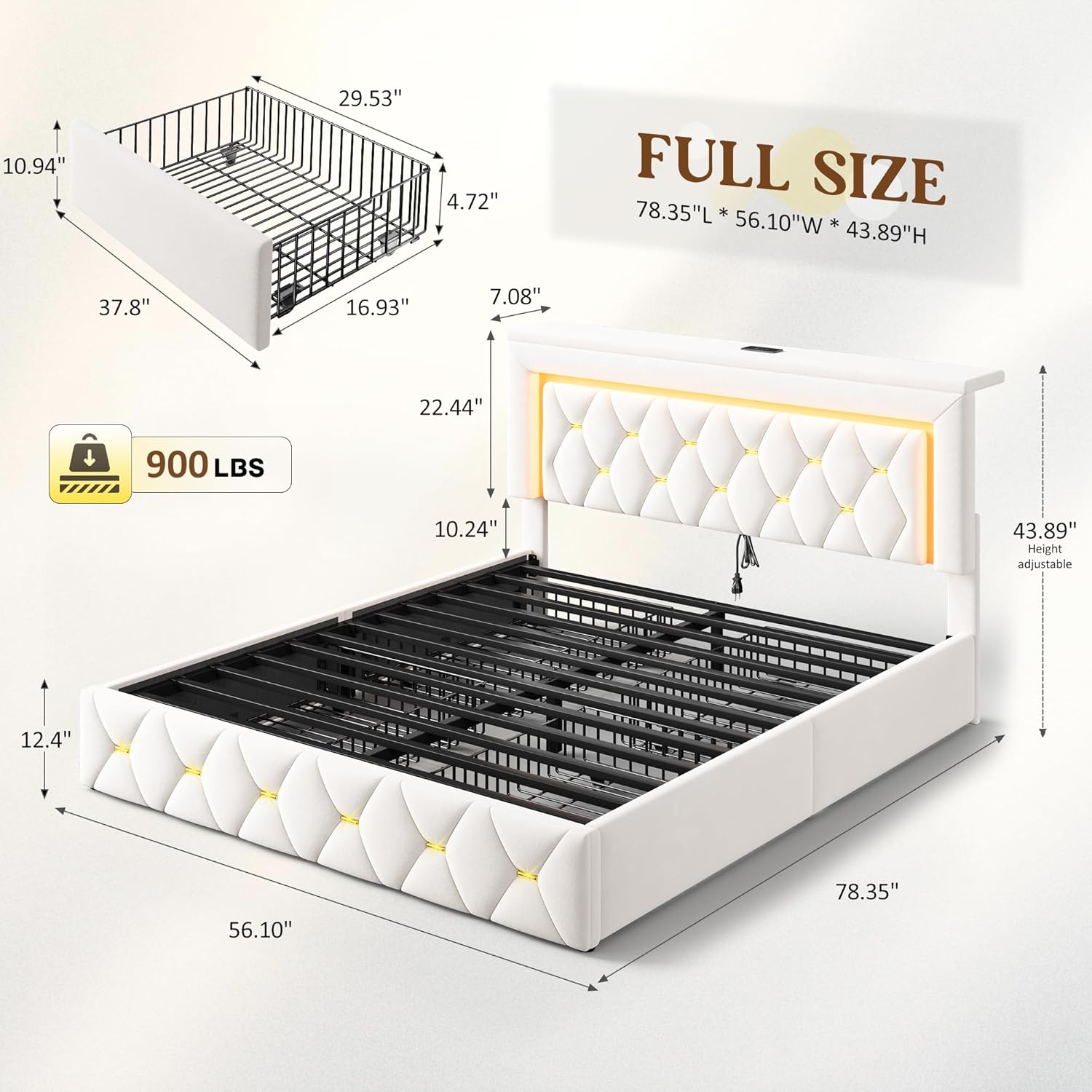 Homkdom Full Bed Frame with 4 Storage Drawers & Adjustable Tall Headboard,Soft Velvet Bed Frame Full with Smart LED Lights & Charging Station,1100LB-Heavy Duty Metal Support, Modern,Beige