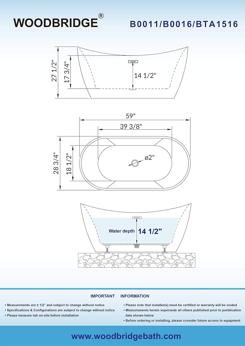 WOODBRIDGE 59' Acrylic Freestanding Bathtub Contemporary Soaking White Tub with Matte Black Overflow and Drain，B0016 -MB-Drain &O