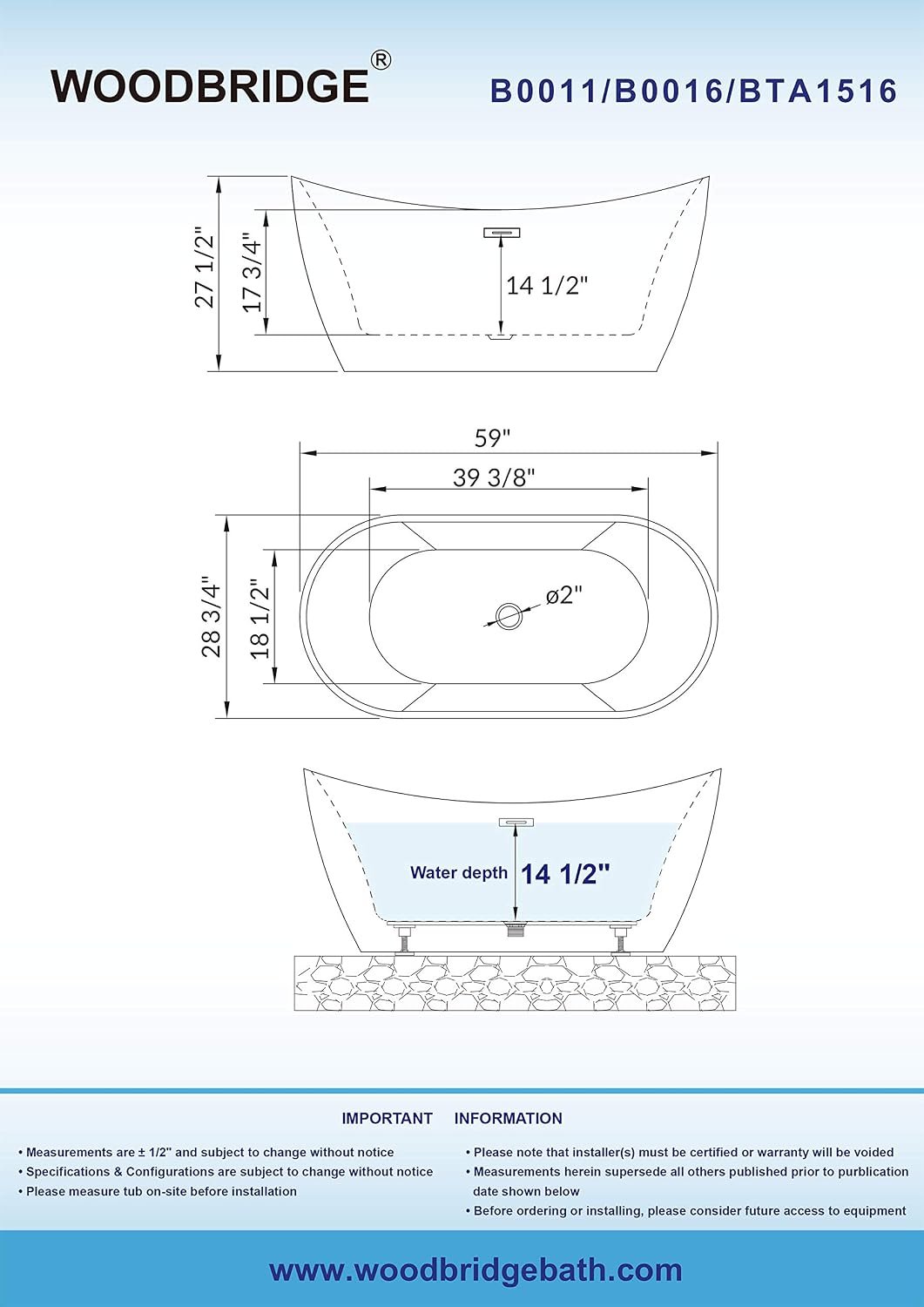 WOODBRIDGE 59' Acrylic Freestanding Bathtub Contemporary Soaking White Tub with Matte Black Overflow and Drain，B0016 -MB-Drain &O