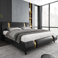 TTVIEW Modern Faux Leather Upholstered Platform Bed Frame with Golden Iron Metal Decor, Adjustable Curved Headboard, Wooden Slats Support, No Box Spring Needed, Queen Size, Black