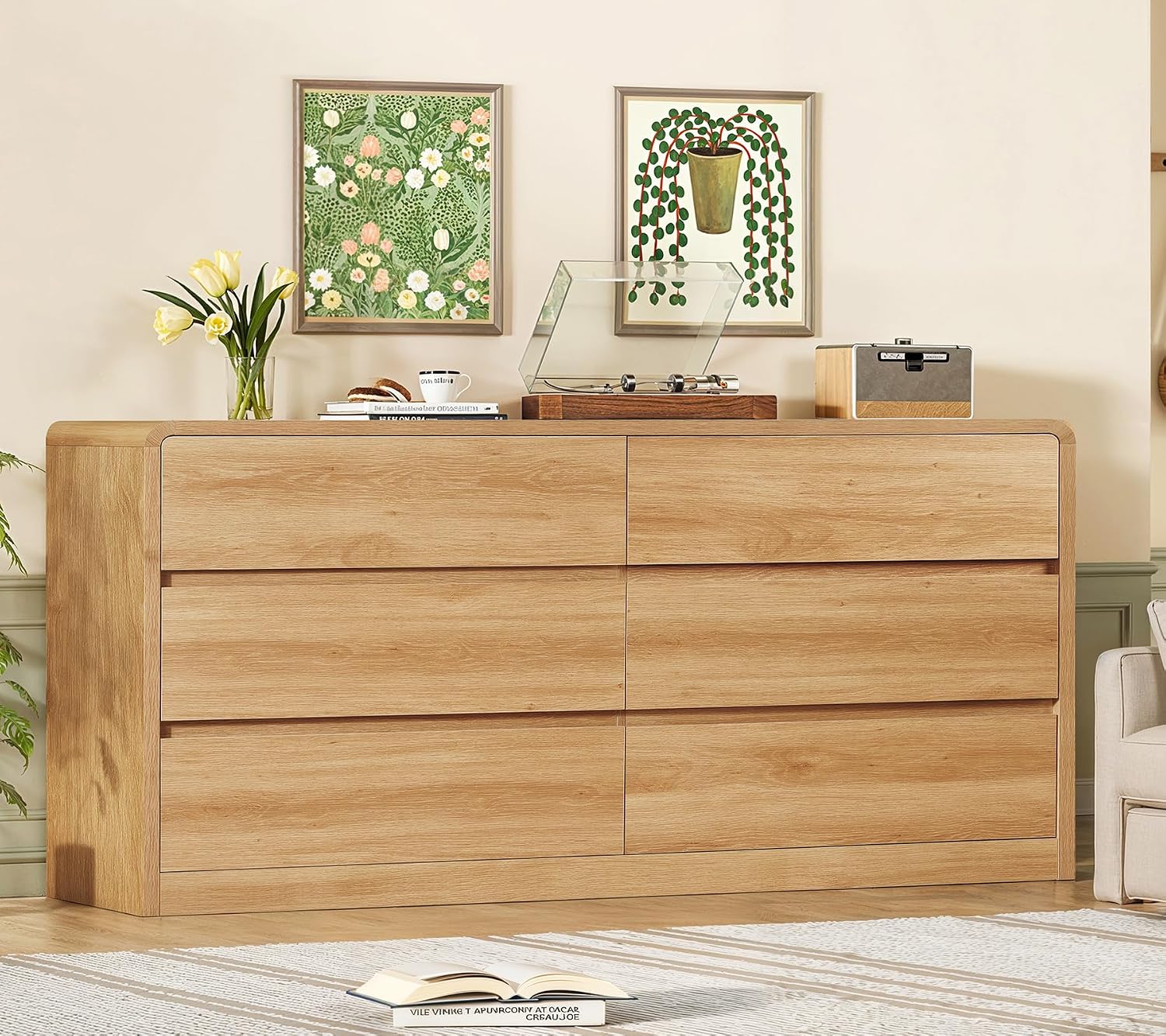 TEENFON 55' Dresser for Bedroom with 6 Drawers, Dressers & Chests of Drawers with Curved Profile Design, 6 Drawer Dresser, Bedroom Dressers, Wood Dressers for Bedroom, Hallway, Natural
