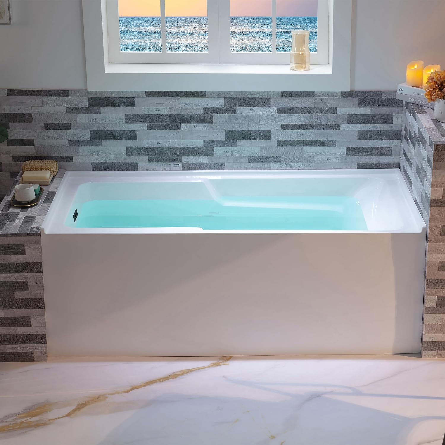 WOODBRIDGE 60' Acrylic Rectangular Alcove Soaking Bathtub in White with Left Drain, Matte Black pop-UP Drain Included BA6030L