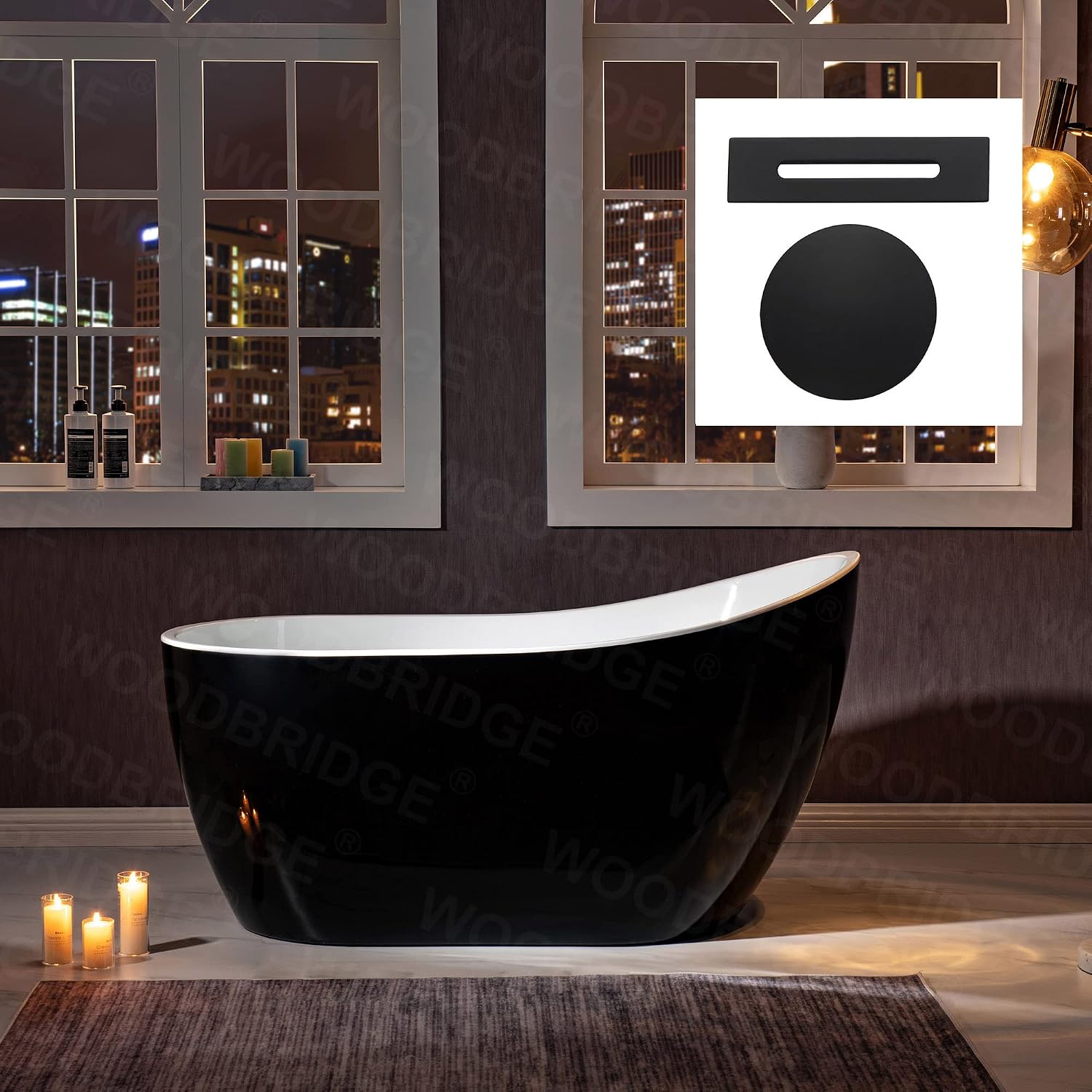 WOODBRIDGE 54' Acrylic Freestanding Bathtub Contemporary Soaking Black Tub with Matte Black Overflow and Drain，BTA1807-MB