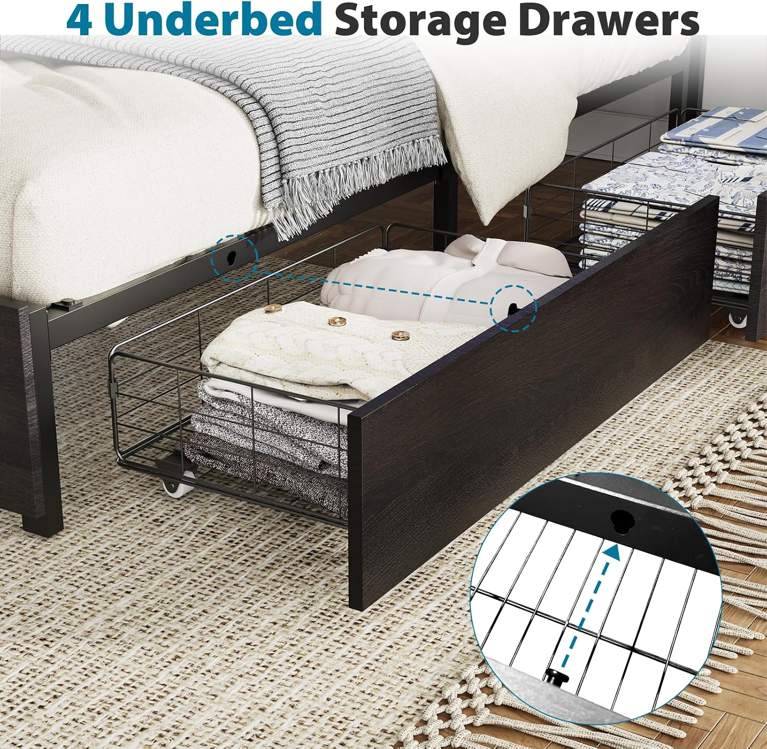 Kiivakii Queen Size Bed Frame with 4 Storage Drawers, LED Platform Bed with Headboard, Built in Charging Station, Noise Free, Metal Support Base, No Box Spring Needed, Black