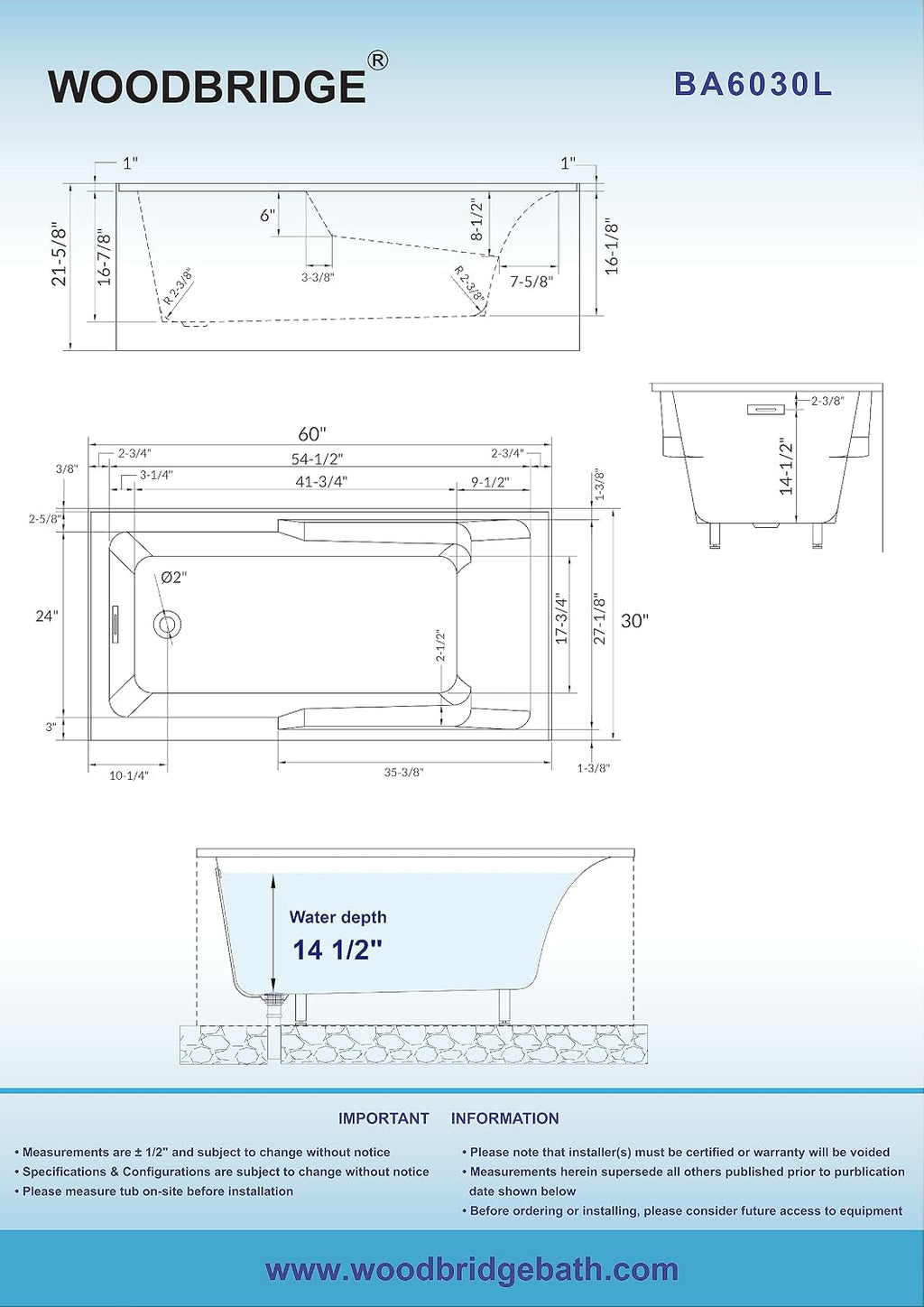 WOODBRIDGE 60' Acrylic Rectangular Alcove Soaking Bathtub in White with Left Drain, Brushed Gold pop-UP Drain Included BA6030L