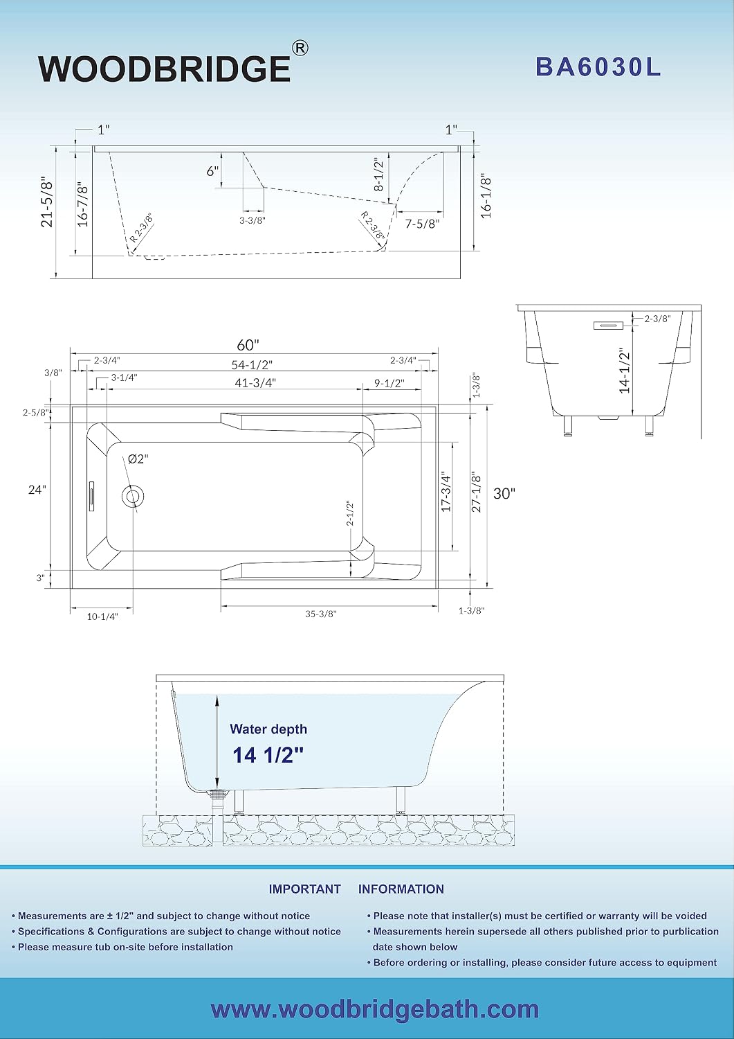 WOODBRIDGE 60' Acrylic Rectangular Alcove Soaking Bathtub in White with Left Drain, Brushed Gold pop-UP Drain Included BA6030L