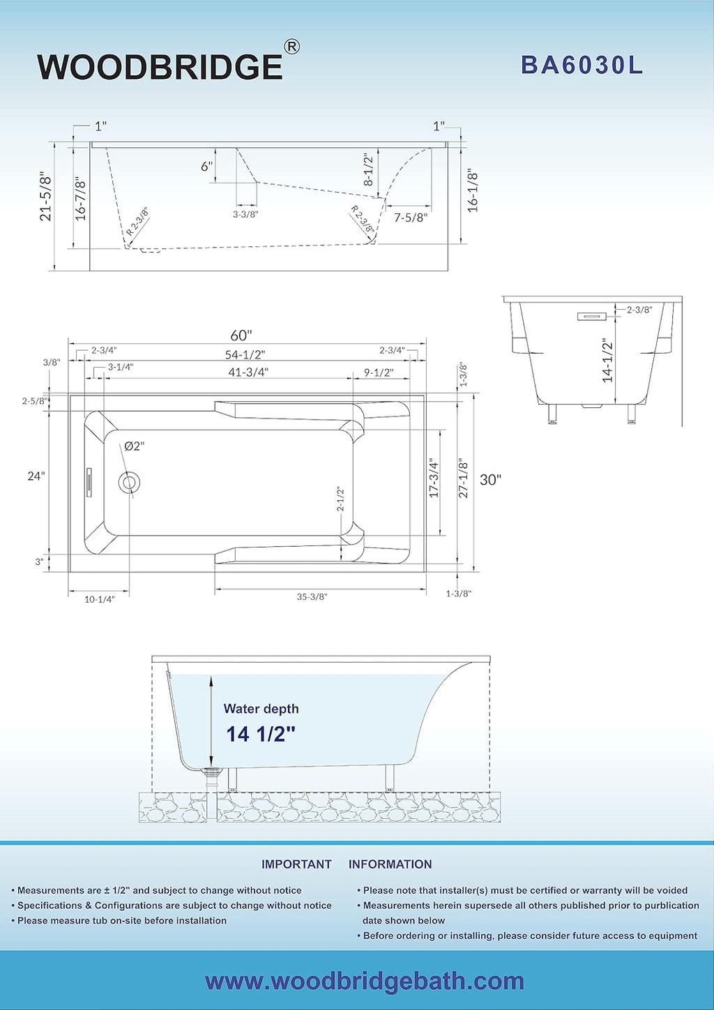 WOODBRIDGE 60' Acrylic Rectangular Alcove Soaking Bathtub in White with Left Drain, Matte Black pop-UP Drain Included BA6030L
