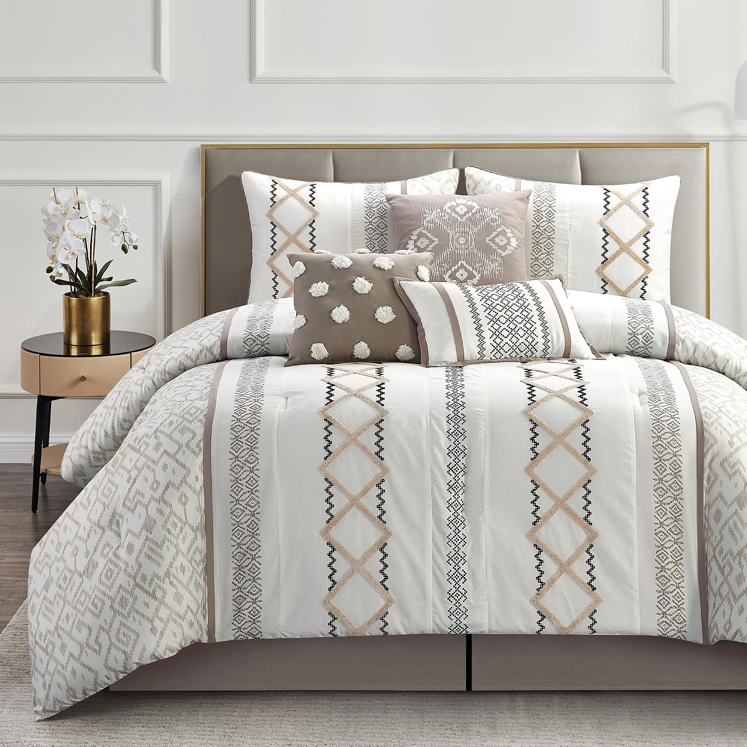 LANCO MODERN LIFESTYLE Taupe California King Comforter Set, 7 Pieces All Season Bedding Sets in a Bag with Geometric Terry Embroidered Comforter, Bed Skirt, Pillow Shams and Decorative Pillows