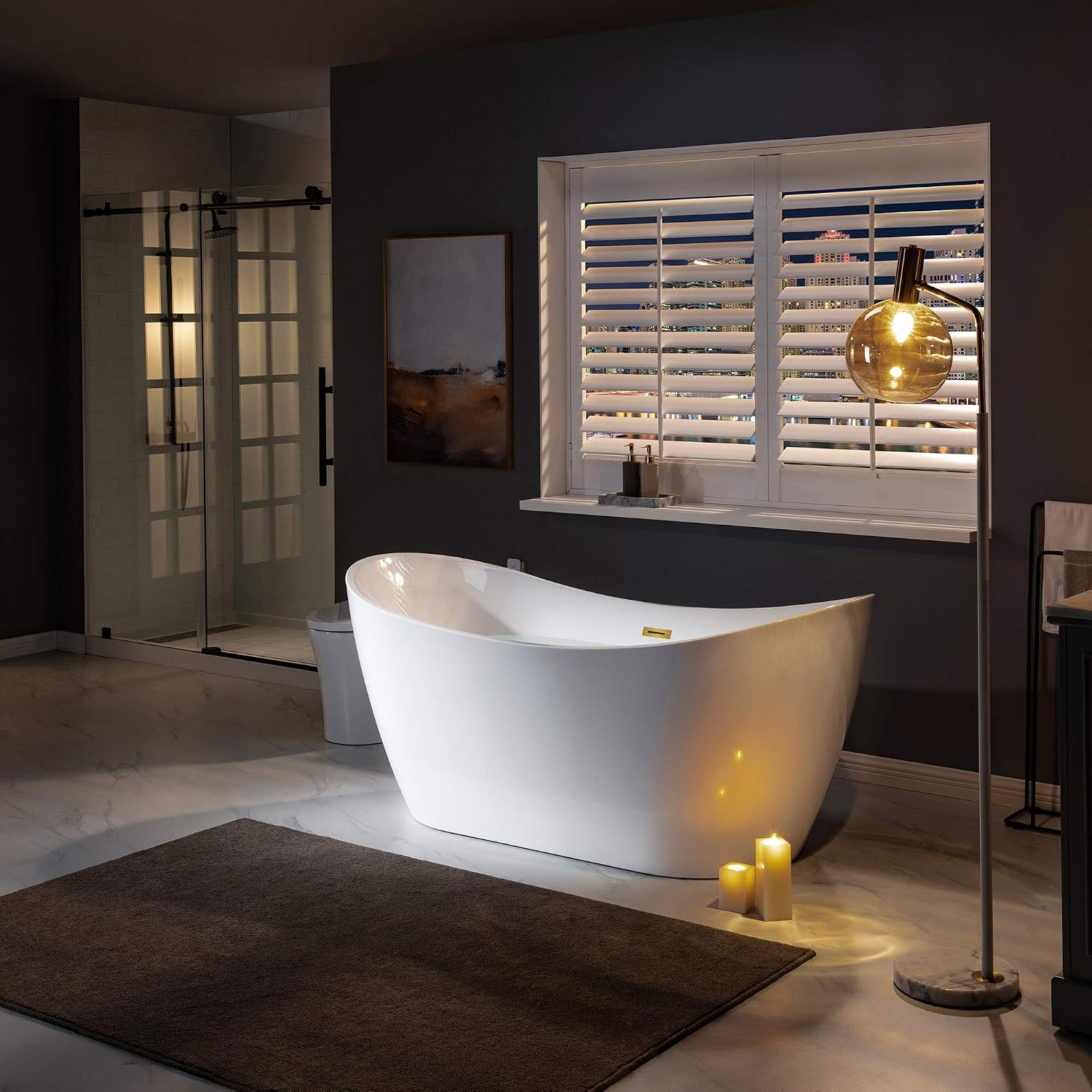 WOODBRIDGE 67' Acrylic Freestanding Bathtub Contemporary Soaking White Tub with Brushed Gold Overflow and Drain，B0010-BG