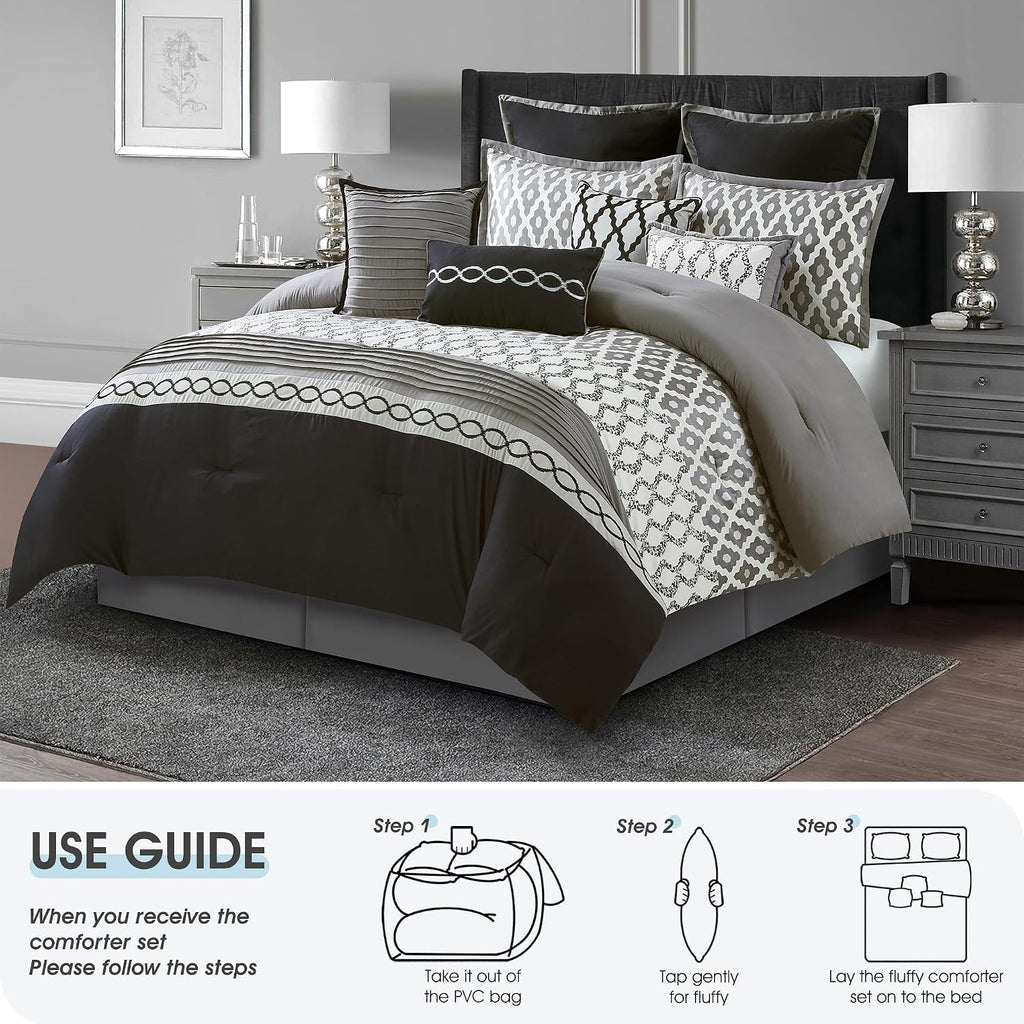 LANCO MODERN LIFESTYLE California King Comforter Set, Black, 10 Piece Bed in a Bag for All Seasons, Luxury Extreme Comfort Bedding Sets with Bedskirt, Pillow Shams, Euro Shams and Decor Pillows