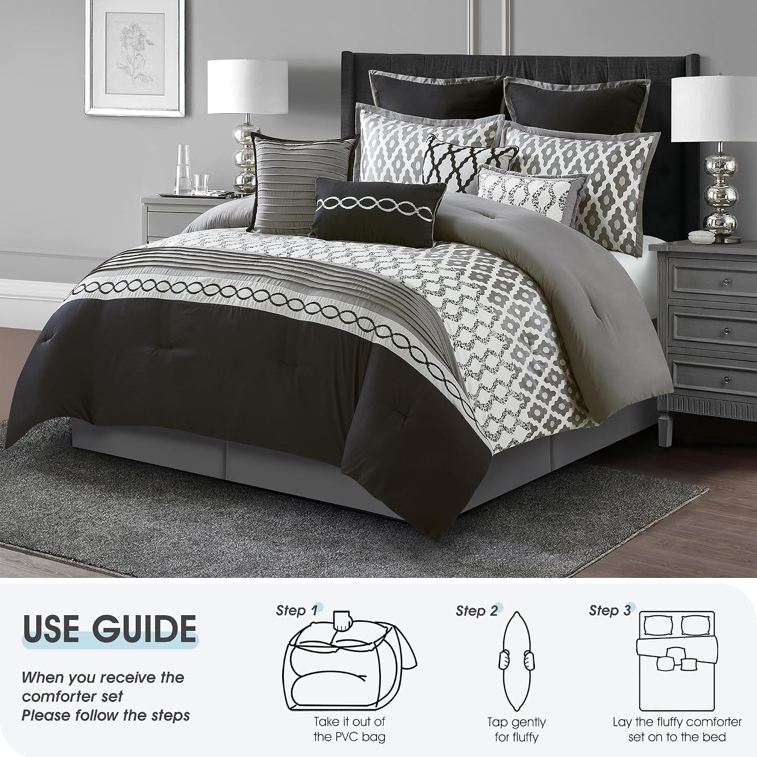 LANCO MODERN LIFESTYLE California King Comforter Set, Black, 10 Piece Bed in a Bag for All Seasons, Luxury Extreme Comfort Bedding Sets with Bedskirt, Pillow Shams, Euro Shams and Decor Pillows