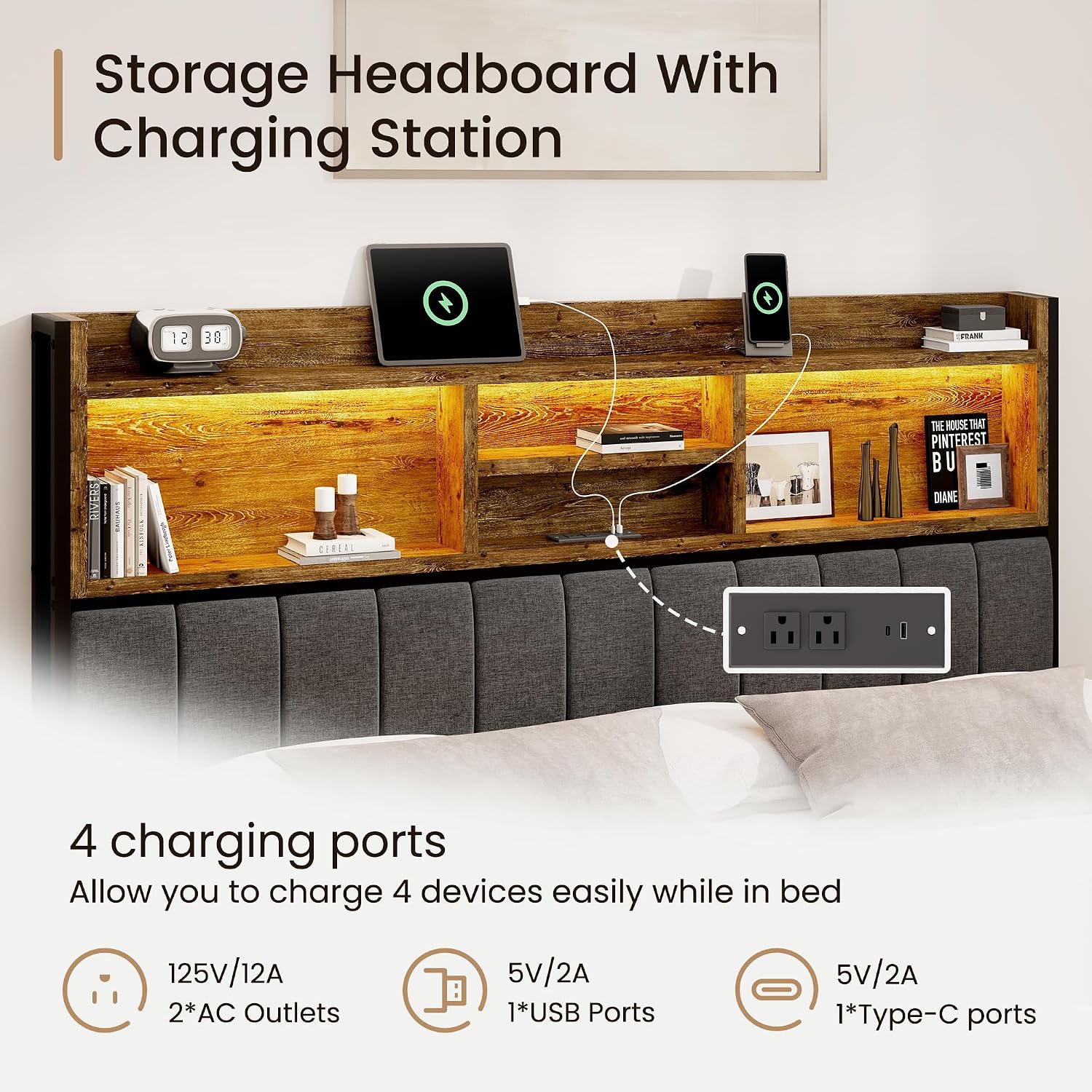 BRELTAM King Bed Frame with 6 Storage Drawers, Linen Upholstered Headboard, Built-in USB Charging Station & LED Lighting, Silent Metal Support, No Box Spring Needed, Vintage Brown
