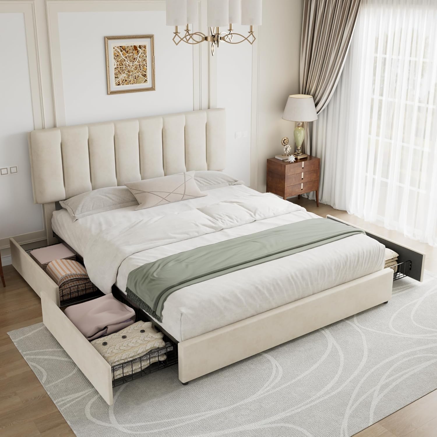 VECELO King Size Bed Frame with 4 Storage Drawers, Adjustable Height Headboard, Heavy-Duty Bedframe with Strong Wooden Slats, No Box Spring Needed, Pale Beige