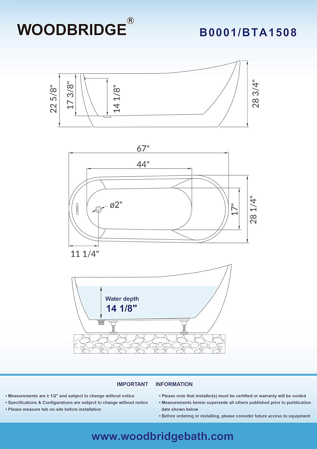 Woodbridge 67' Acrylic Freestanding Bathtub Contemporary Soaking Tub with Chrome Overflow and Drain, BTA1508-C,White