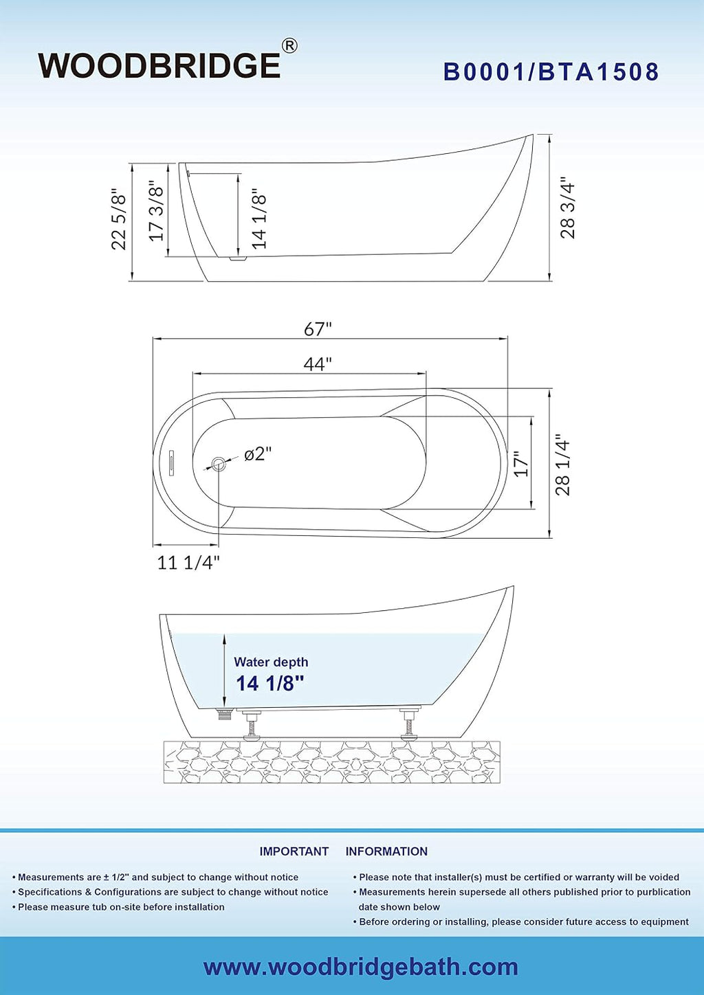 WOODBRIDGE 67' Acrylic Freestanding Bathtub Contemporary Soaking White Tub with Matte Black Overflow and Drain，B0001 -MB-Drain &O