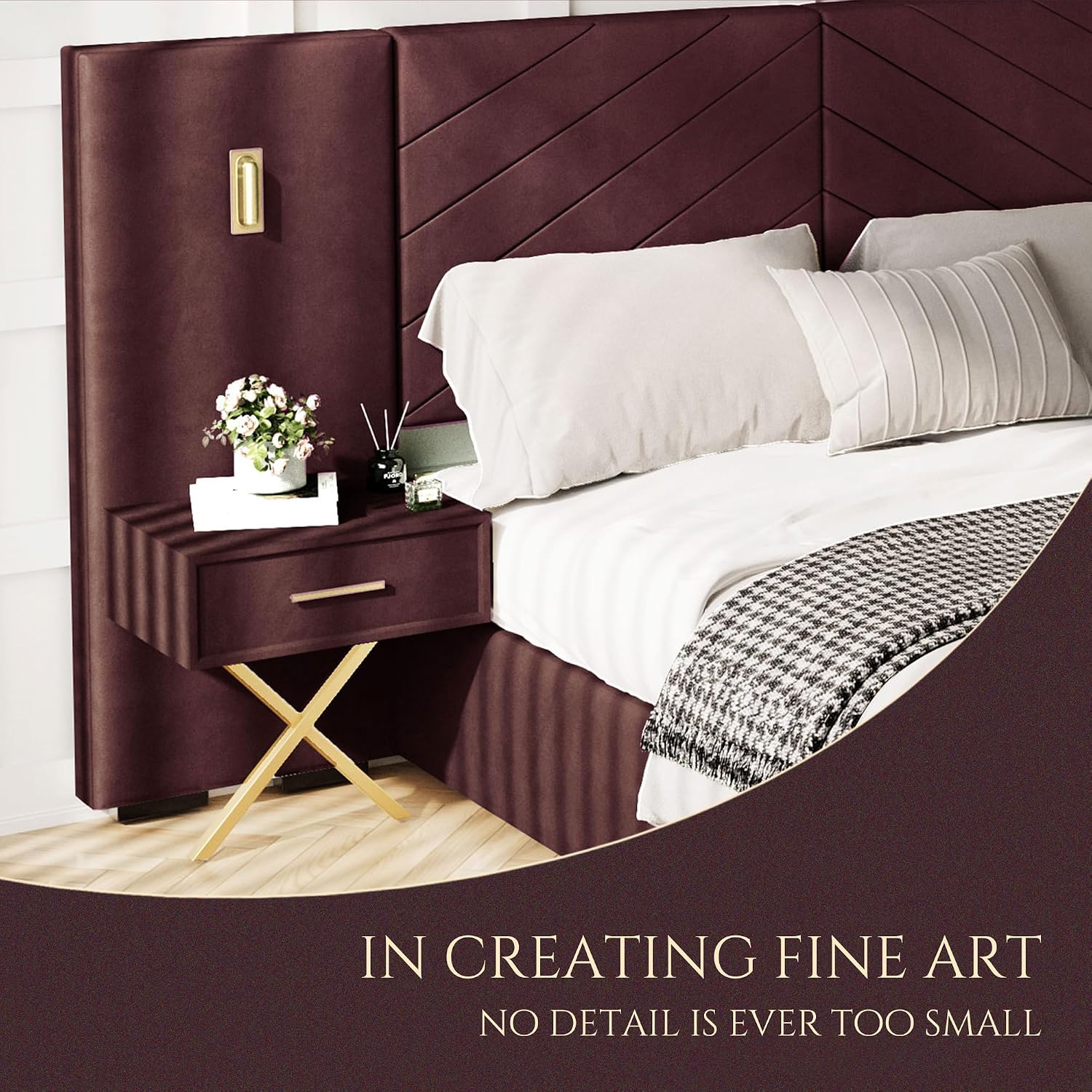 Luxurious Queen Platform Bed Frame, Velvet Upholstered Headboard with 2 Built-in Wall Sconces & Nightstands, Sturdy Metal & Solid Wood Frame, Squeak-Free, No Box Spring Needed, Burgundy Red