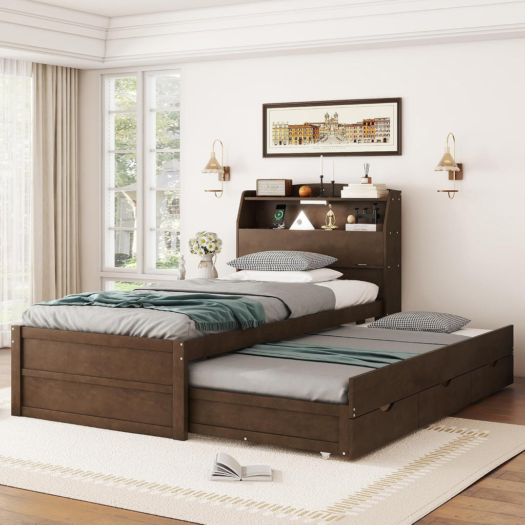 Multi-Function Twin Size Platform Bed with Trundle and 3 Drawers, Wood Captain Platform Bed Frame with Storage Headboard and Night Light, Maximized Space, Brown-d1