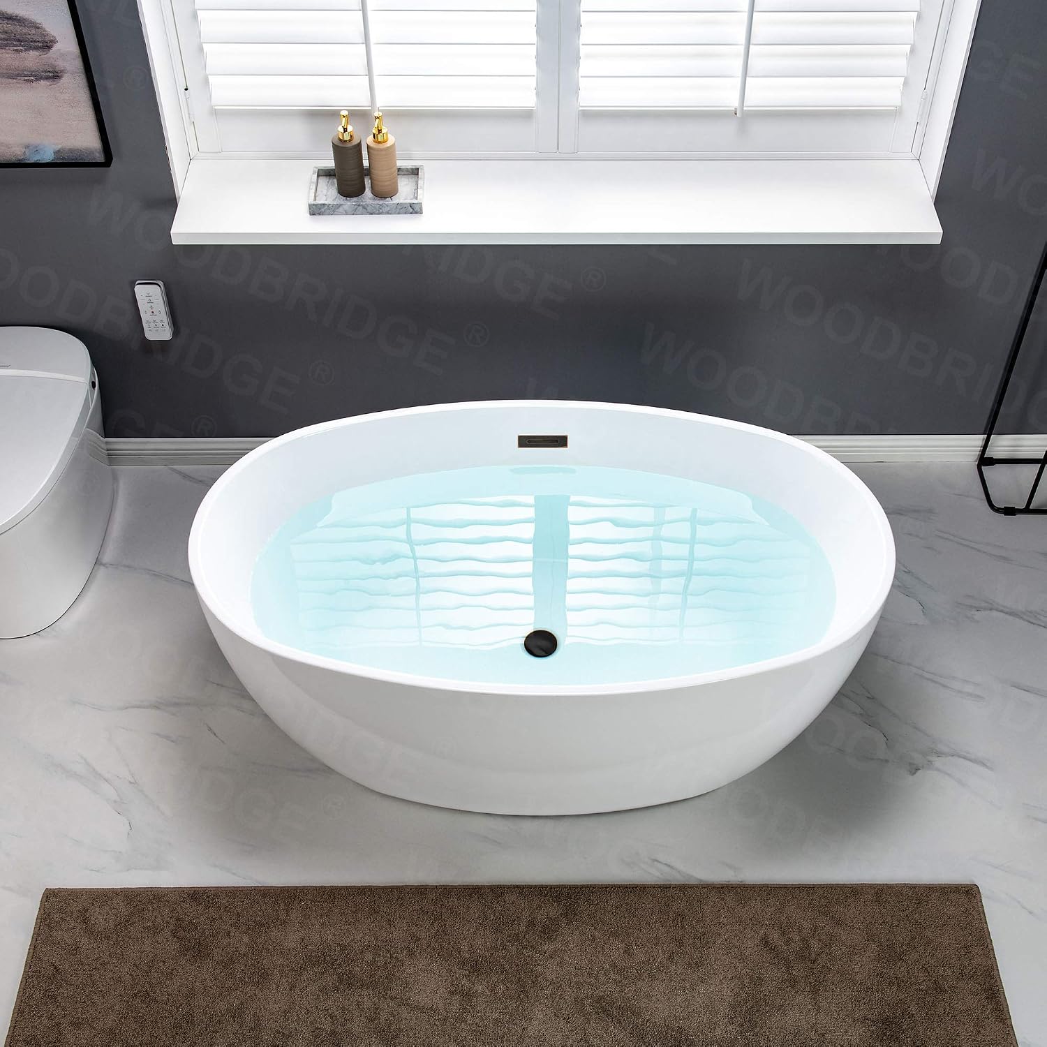 WOODBRIDGE 55' Acrylic Freestanding Bathtub Contemporary Soaking White Tub with Oil Rubbed Bronze Overflow and Drain,BTA1418 -ORB