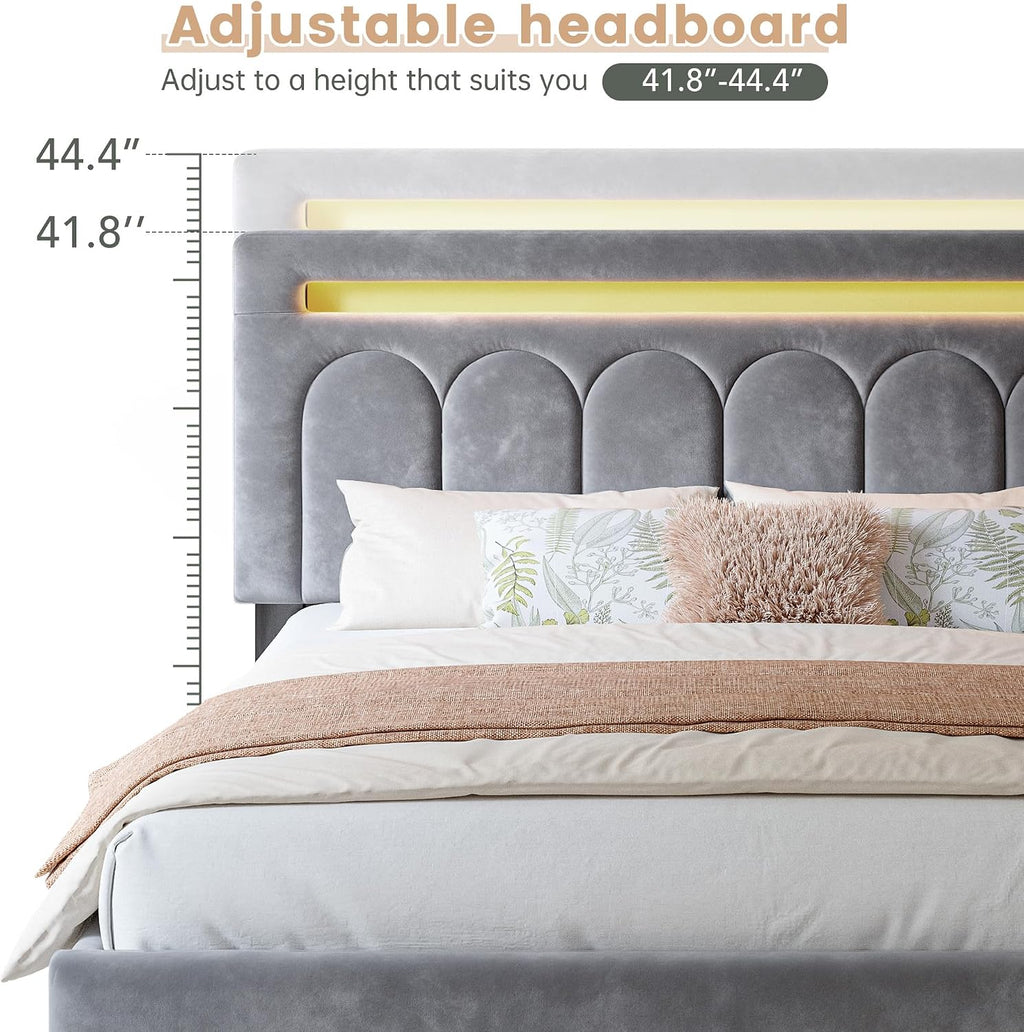 Homkdom Velvet Upholstered Full Size Bed Frame with 4 Storage Drawers, Vertical Arched LED Headboard, Sturdy Wood Slats Support, No Box Spring Needed, Grey