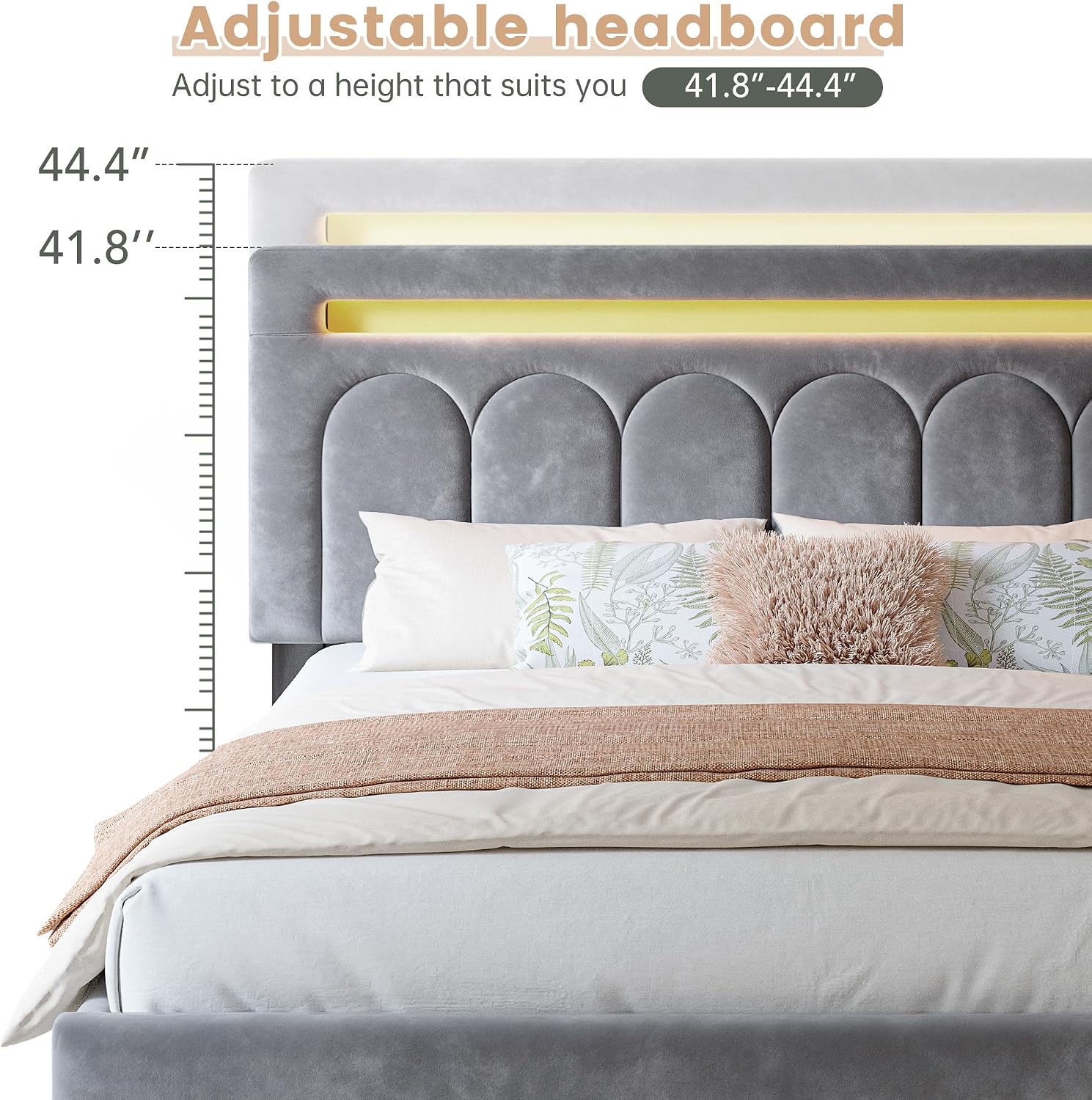 Homkdom Velvet Upholstered Full Size Bed Frame with 4 Storage Drawers, Vertical Arched LED Headboard, Sturdy Wood Slats Support, No Box Spring Needed, Grey
