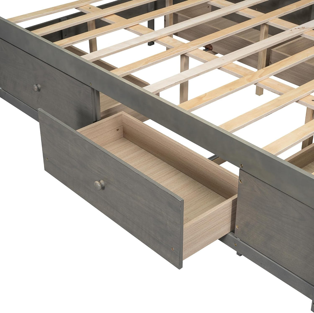King Size Platform Bed with Storage Headboard, Solid Wood Platform Bed Captain's Bed Frame with 8 Drawers, Sturdy Slats Support, Maximize Space (Grey-8R, King)